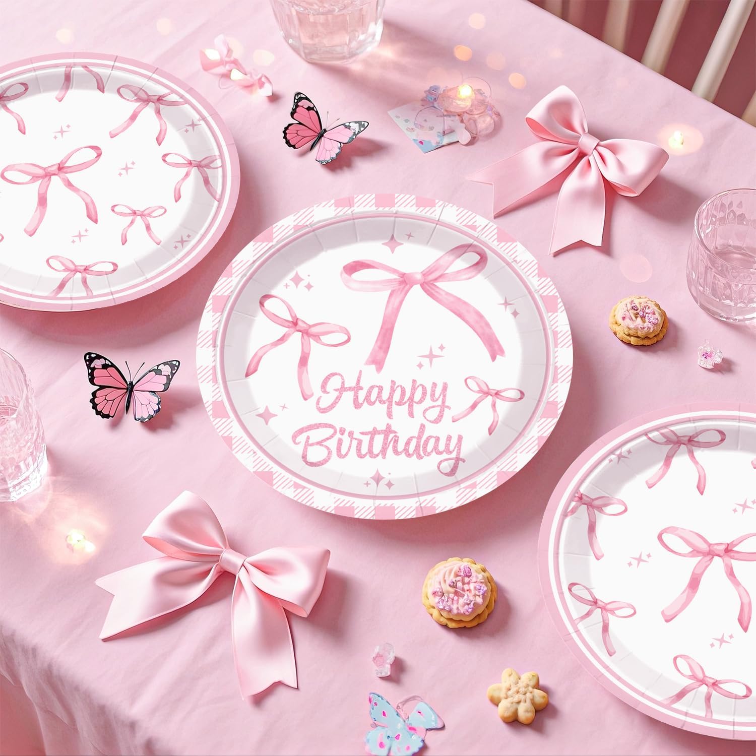 Cocomigo 251pcs Coquette Birthday Decorations, All-in-1 Pink Bow Birthday Pack with Pre-strung Banner, Plates, Backdrop Tablecloth Balloon Arch for Bow Themed Party Decorations, Serves 20 Guests