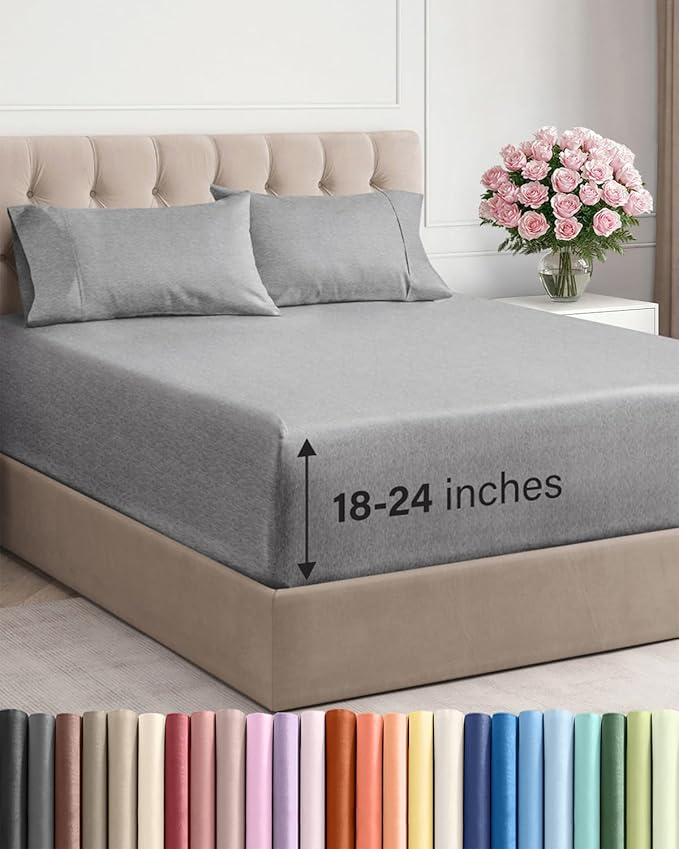 Draps extra profonds Cal King - Ensemble 4 pièces respirant et rafraîchissant - Luxe hôtelier - Doux, anti-froissage & confortable - S'adapte aux matelas extra profonds - Gris chiné