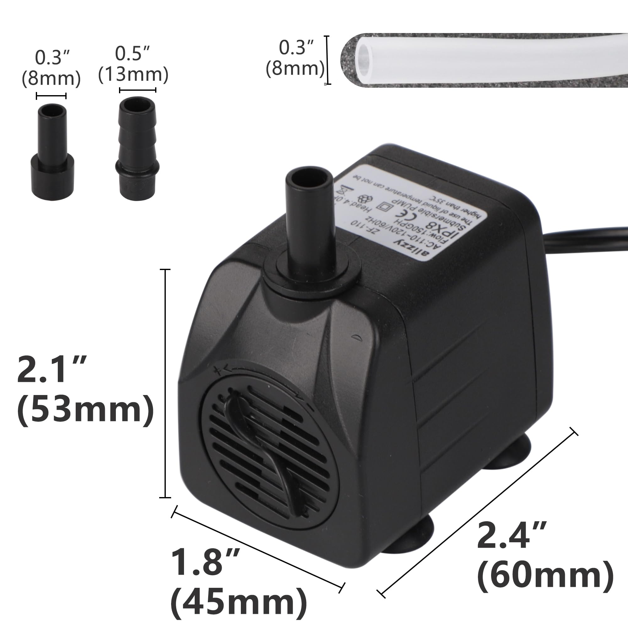 alizzy - Bomba de agua sumergible pequeña de 150 GPH (570 L/H, 10 W), bomba de fuente de agua ultra silenciosa con elevación de 4 pies y cable de alimentación de 6 pies para acuario, pecera, función
