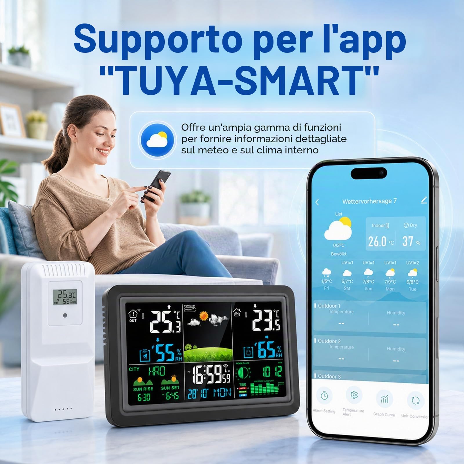 Stazione Meteo Con 3 Sensore Esterno, Per Interni Ed Esterni | Stazione Meteorologica Wireless Con App Tuya E Smartlife, Schermo Lcd Colorato,Allarme,Sveglia,Previsioni Meteorologiche