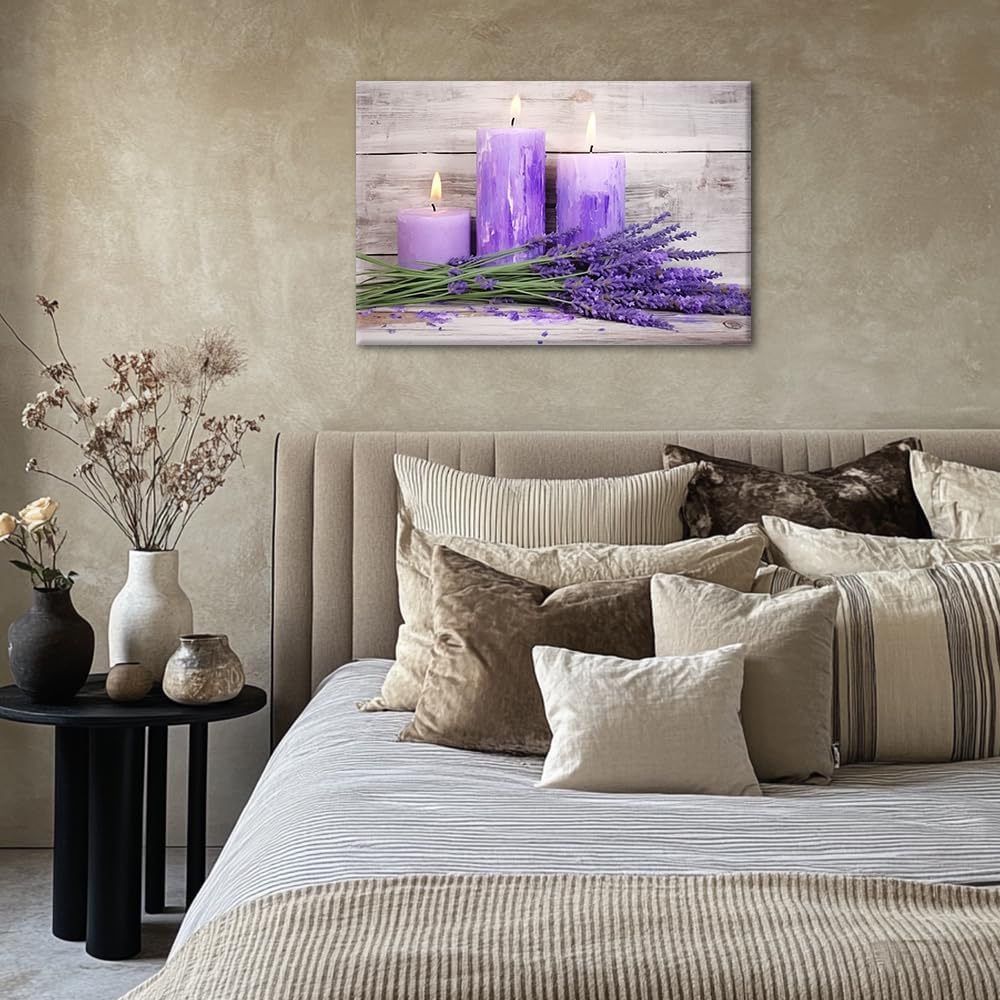NAMENLAIMI Bathroom Canvas Wall Art Purple Lavender and Candle Pictures Prints Rustic Farmhouse Lavender Paintings for Spiritual Meditation Wall Decor(Lavender-2,16.00" x 24.00")
