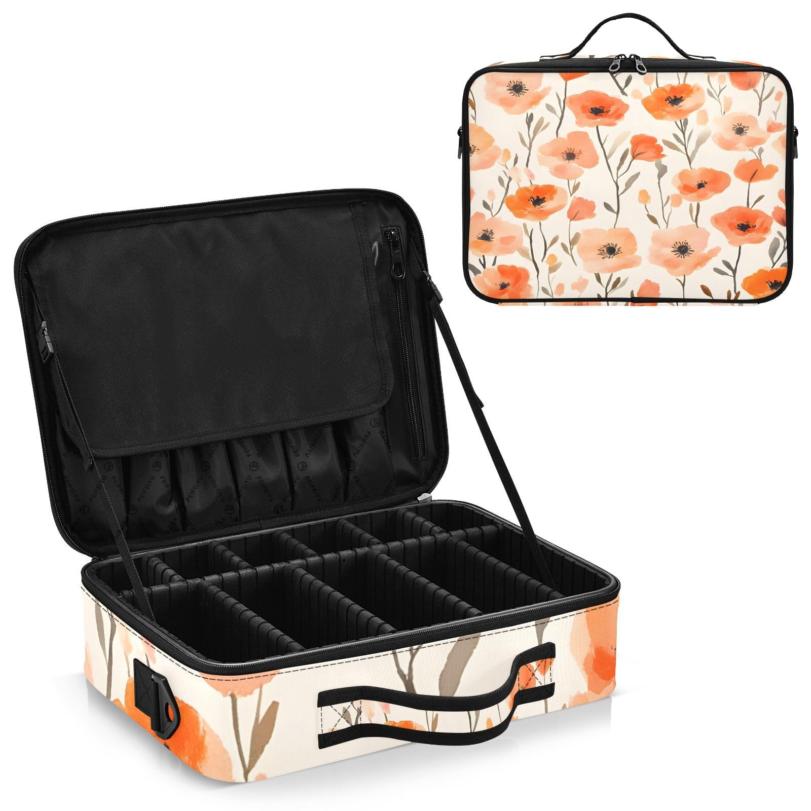 zyrtty Travel Makeup Train Case Flesh-colored Orange Flowers Pattern Cosmetic Organizer Portable Storage Bag with Adjustable Dividers for Cosmetics Brushes Toiletry Jewelry Digital Accessories