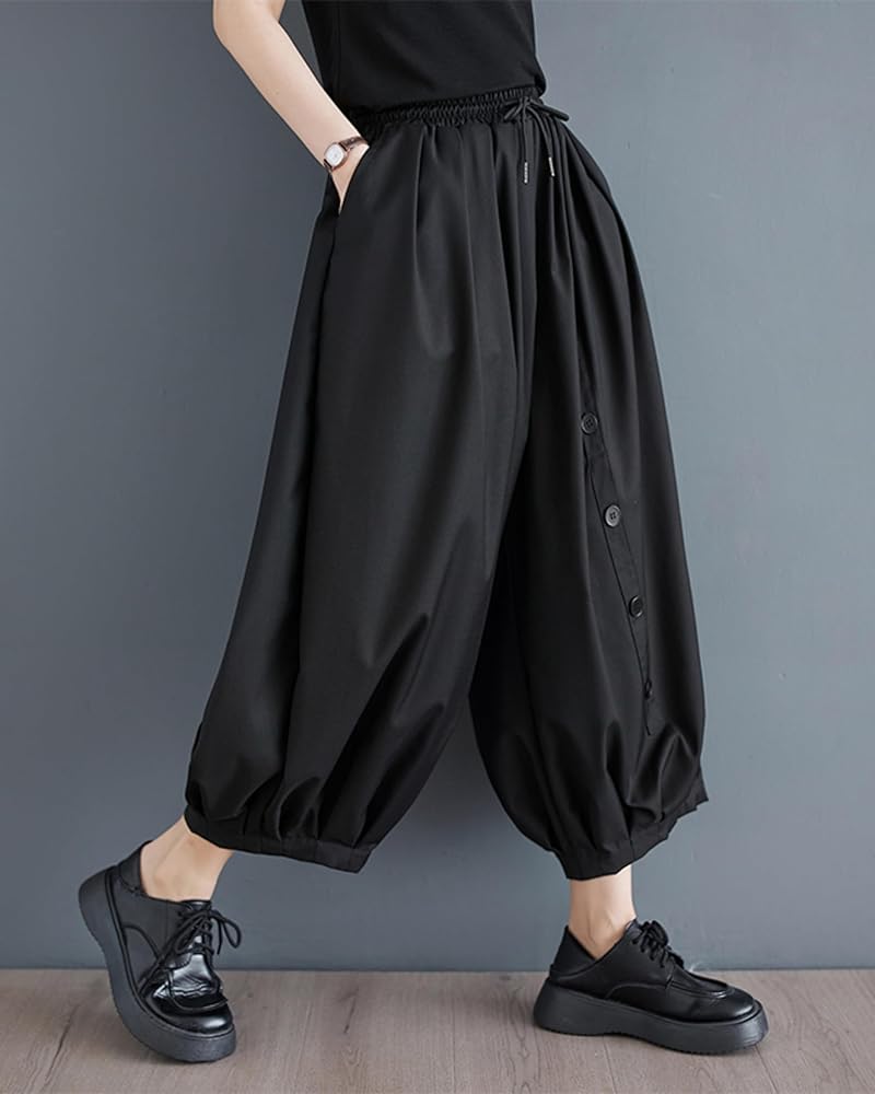 新品　salsation Crotch Pants DARK GREEN ellazhu Women's Drop Crotch Elastic Waist Button Down Wide
