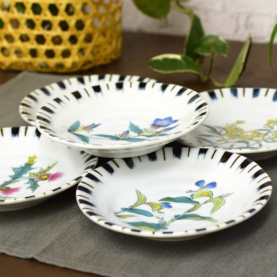 九谷焼 花鳥画図 小皿 五枚組 合わせ箱付き 径11センチ アンテーク