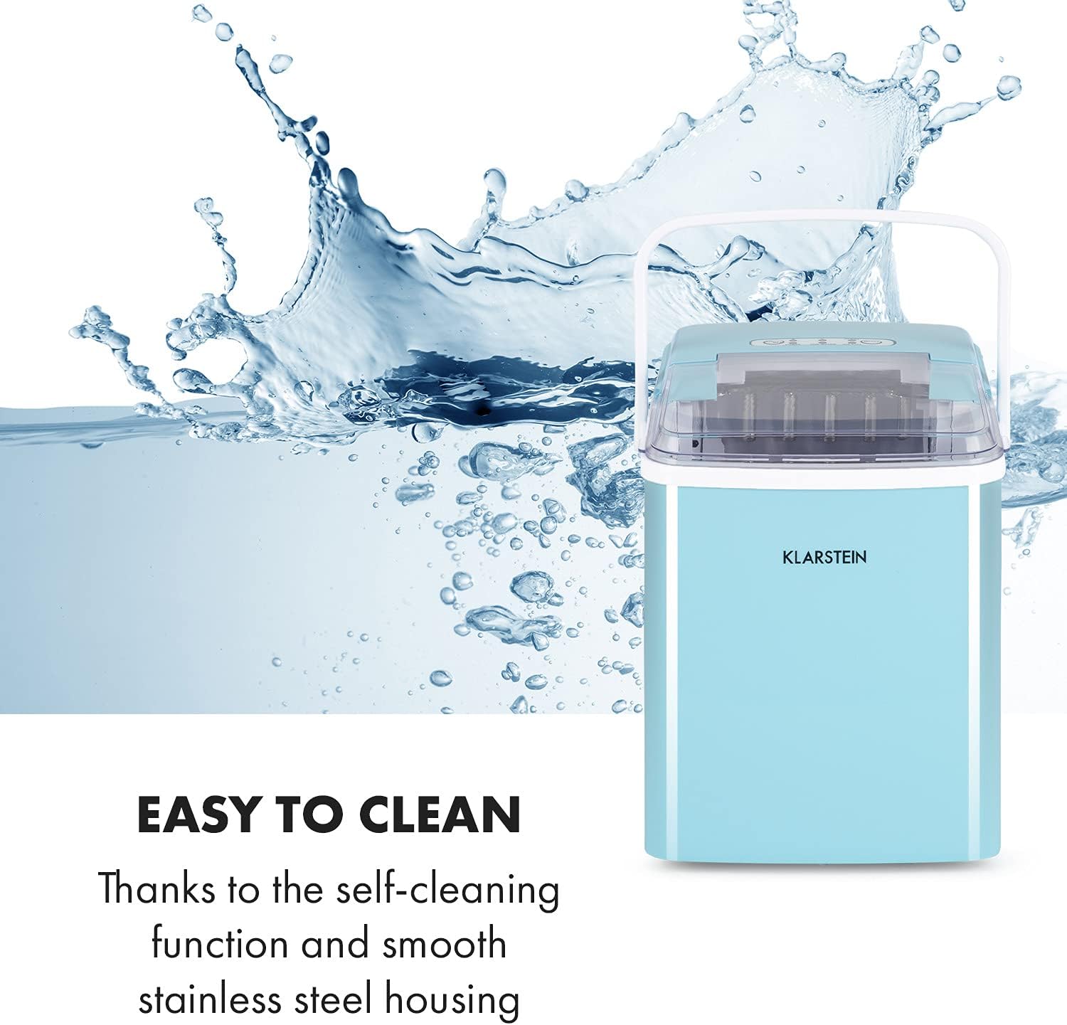 Klarstein Arctic Porter Ice Cube Maker with water splashing around it, illustrating its easy-to-clean feature.