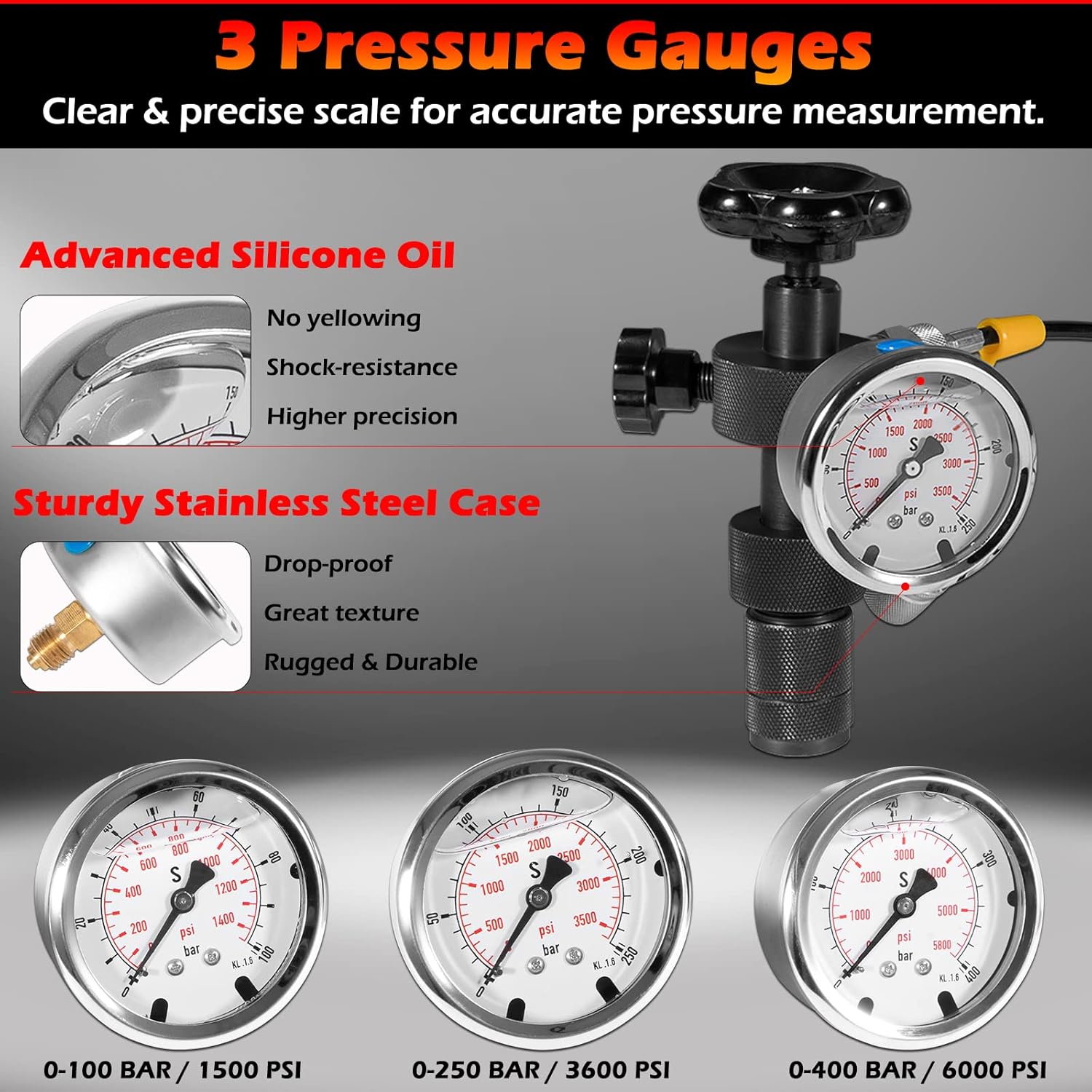 GK-01 Hydraulic Accumulator Nitrogen Charging System with 7 Couplings, 3 Pressure Gauges 1 Gas Hose and 1 Main Valve Body, Nitrogen Pressure Test Kit, Gas Charging Tools