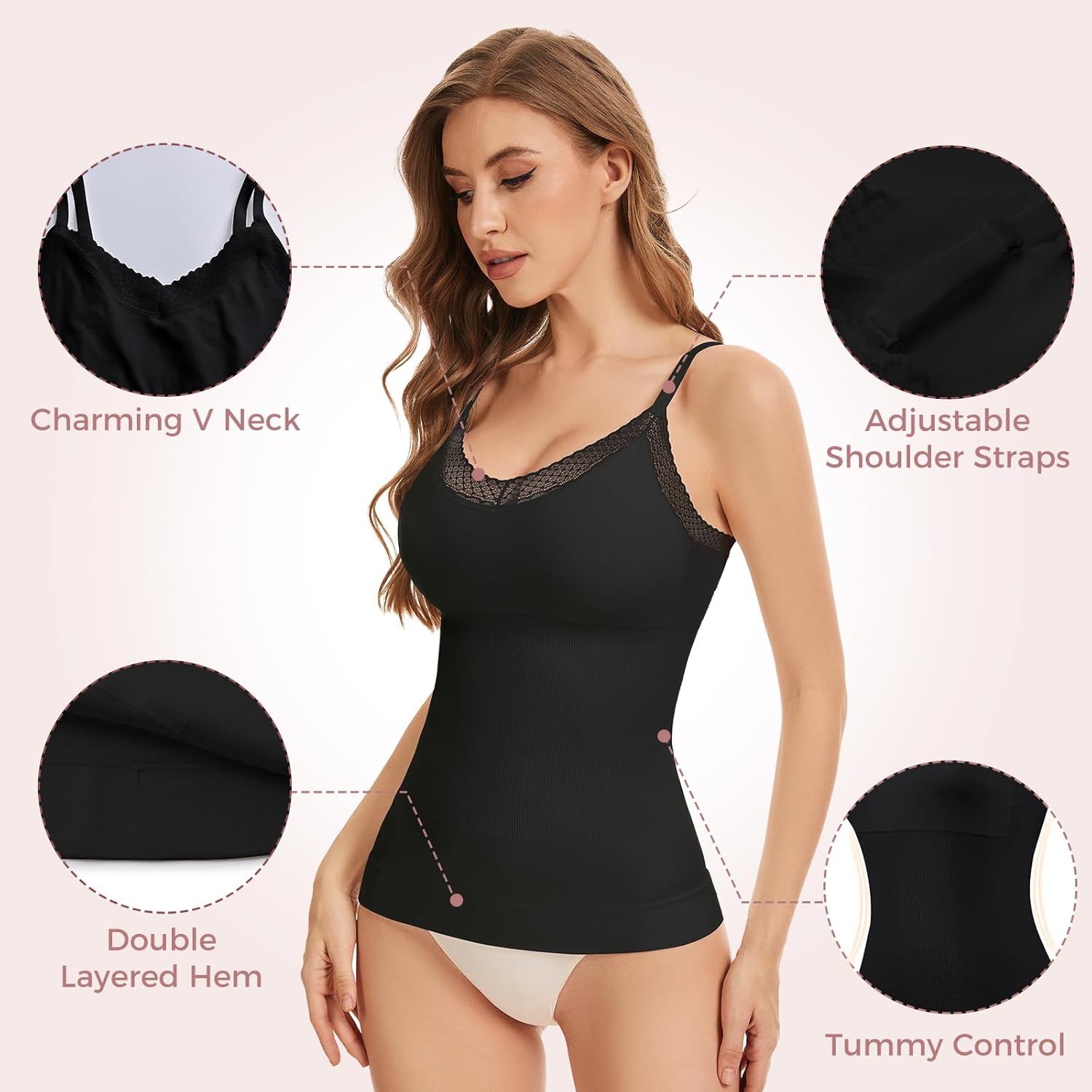 Women Tummy Control Shapewear Tank Tops Lace V Neck Compression Cami Tops Slimming Shaping Cami - Image 4