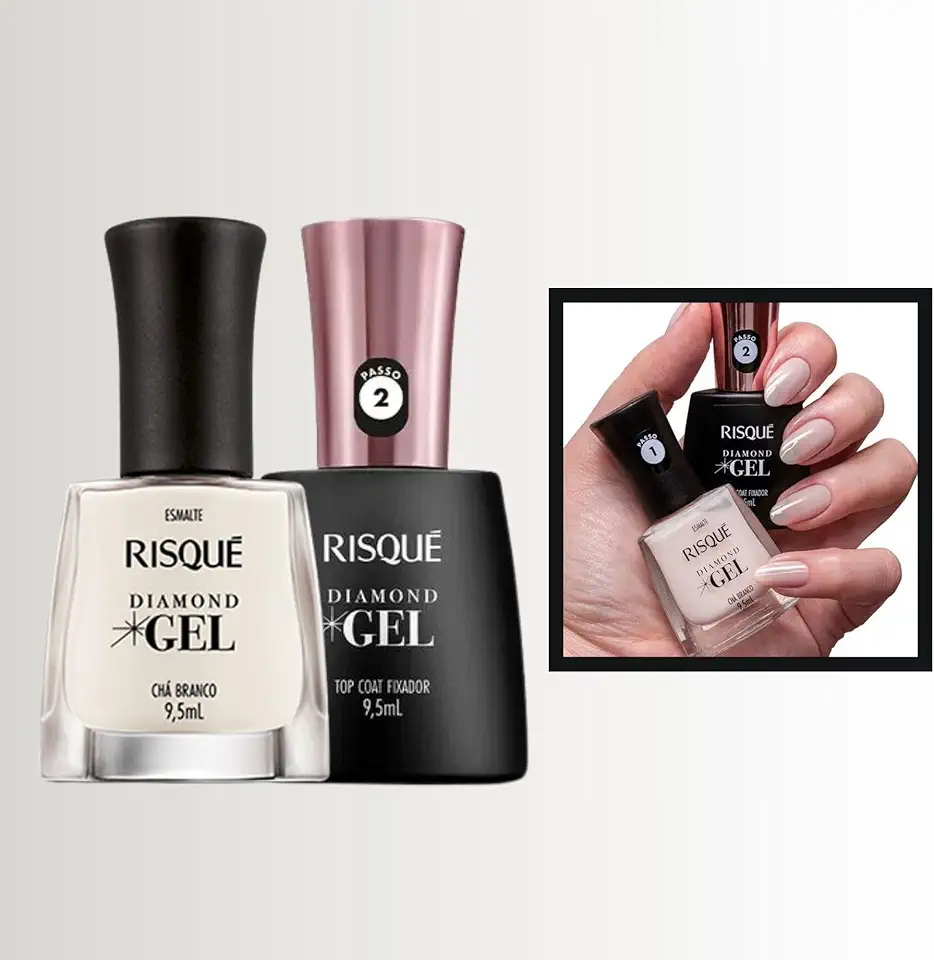 Kit 2 Esmalte Diamond Gel Risque Cor + Top Coat Fixador Kit Manicure Escolha Cor (Chá Branco + Fixador)