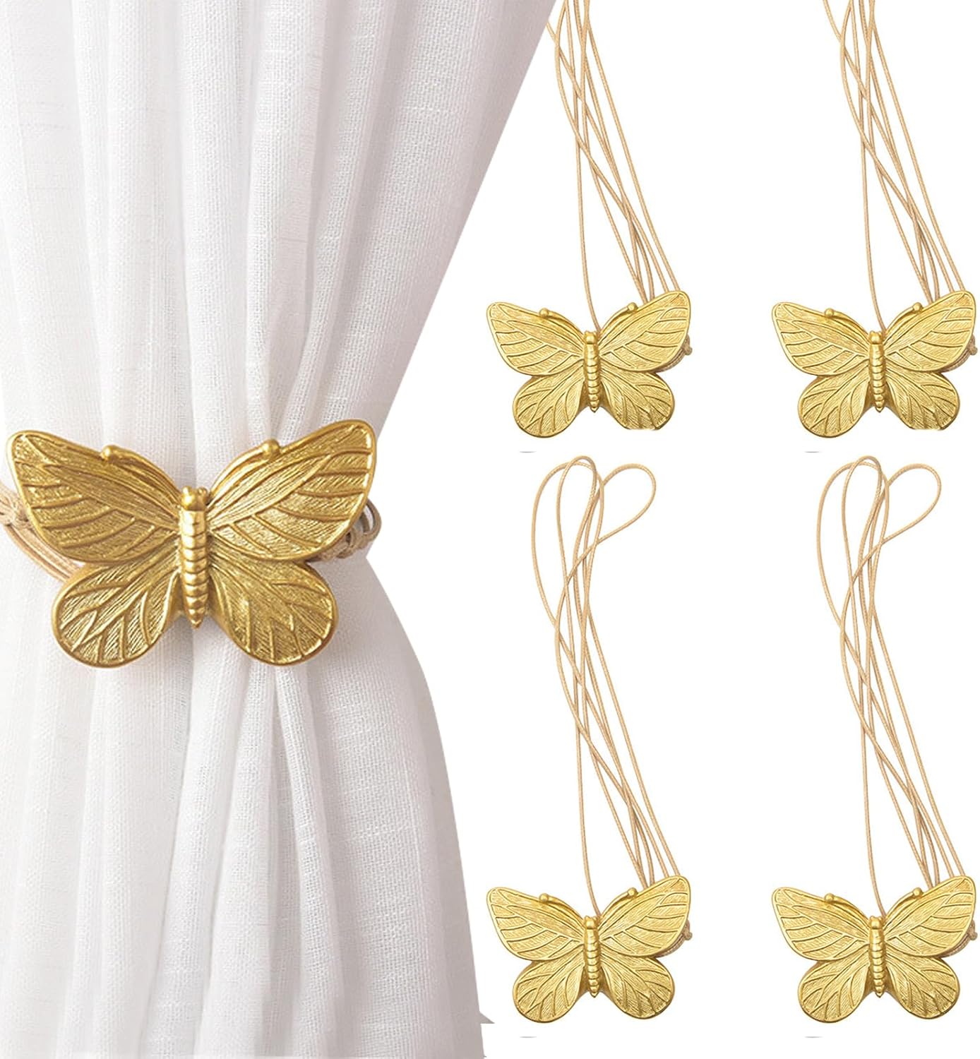 4-Pack Gold Butterfly Curtain Tiebacks, Aesthetic Side Holdbacks for Girls' Bedroom, Home & Cafe Decor