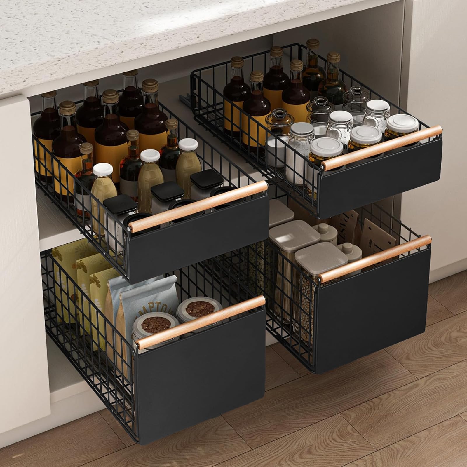 2 cassetti estraibili da cucina, cassetto telescopico, organizer per cassetti più profondi, con guide per cassetti e manico in legno, per mobili da cucina, senza forature (nero)