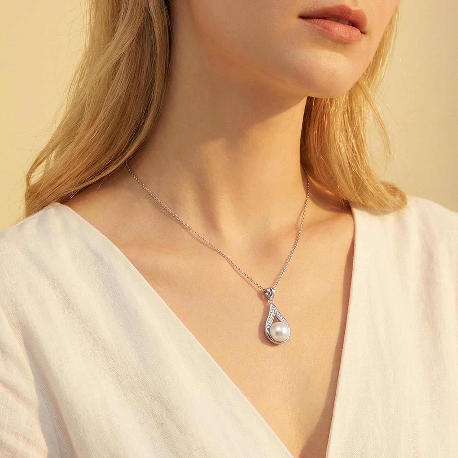 Valentine's Day Gifts for Women Wife Pearl Necklaces for Women Pendant Tear Drop Necklace Sterling Silver - Natural Single Pearl Pendant Elegant Jewelry Gifts for Anniversary Christmas Mothers Day - Image 4