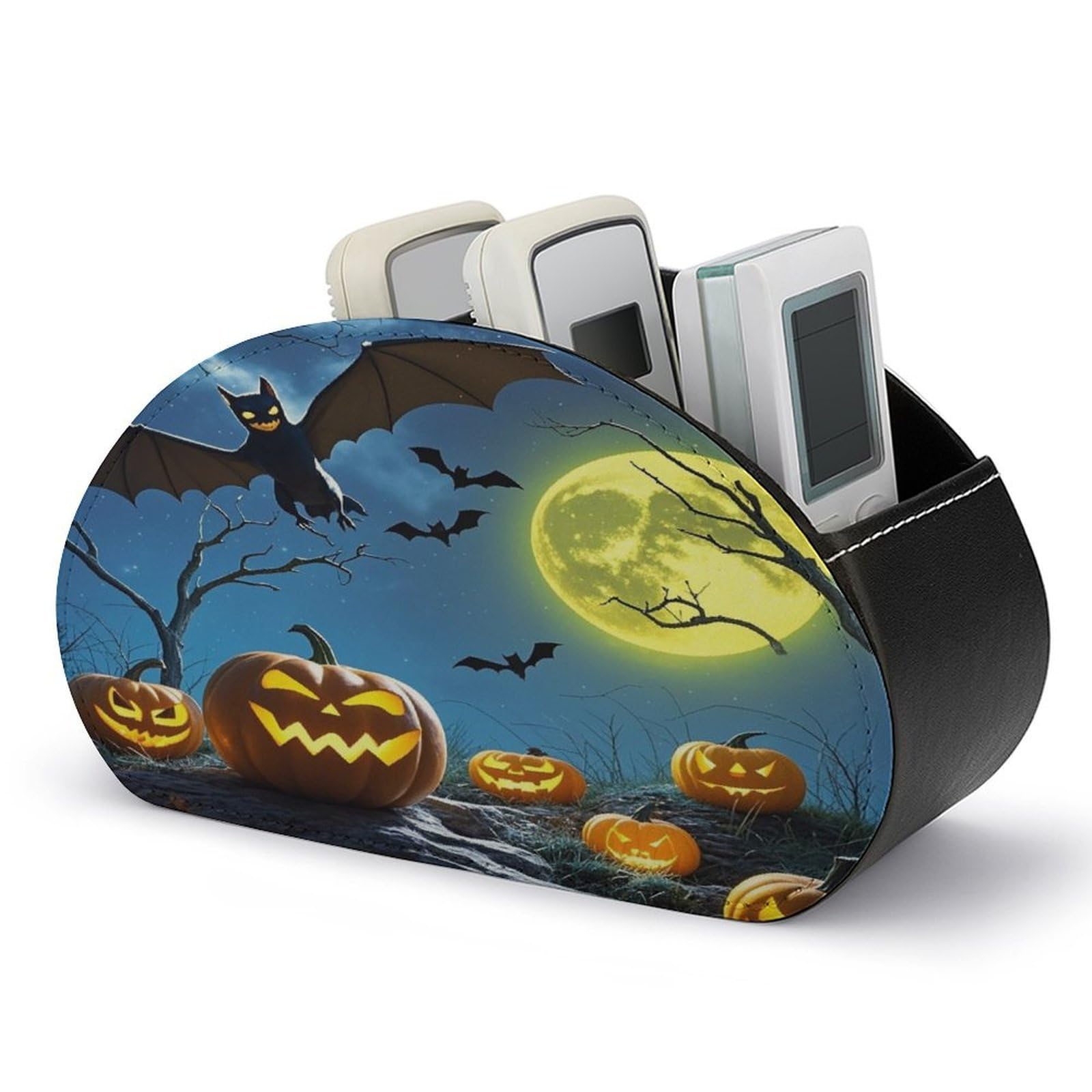 LZQPOEAS Bats And Pumpkins Remote Control Holder with 5 Compartments PU Leather Remote Organizer Box Caddy for Table Nightstand Remote Caddy Desktop Organizer Fits Media Controllers