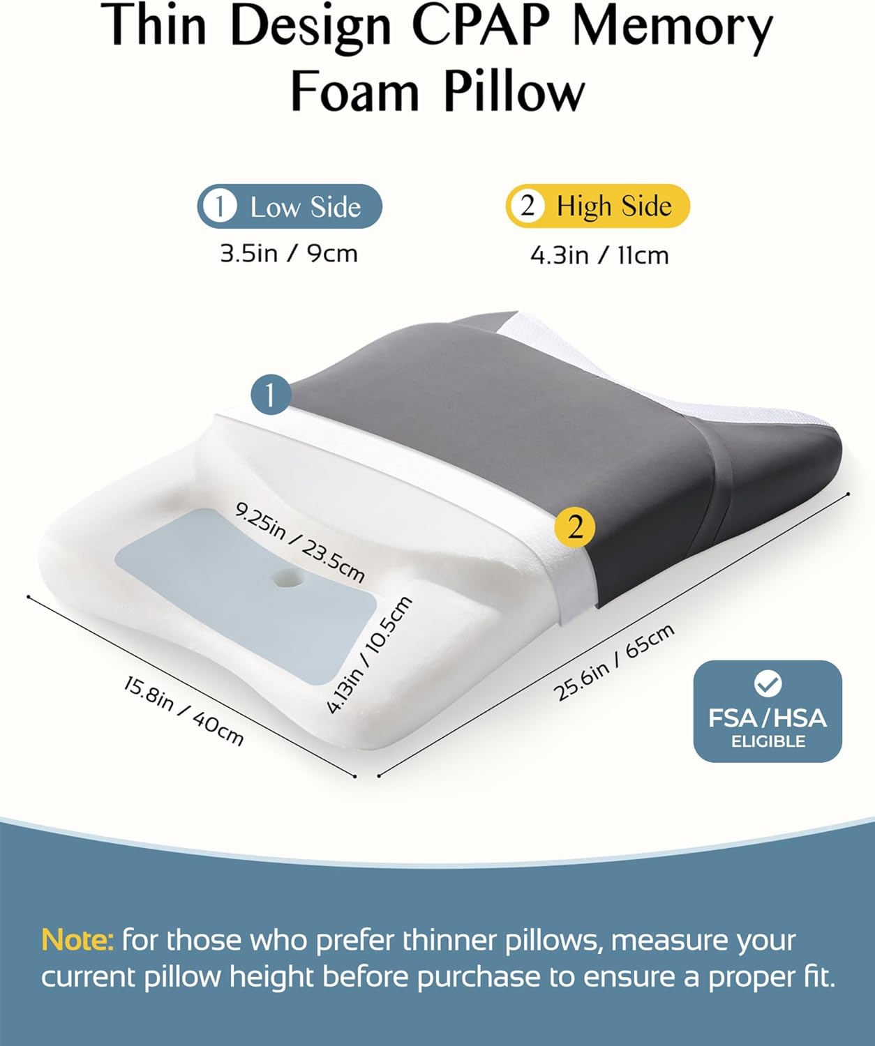 CPAP Pillow for Side Sleeping, HSA/FSA Sleep Apnea Pillow for All CPAP Masks Users to Reduce Air Leaks, Masks Pressure, Memory Foam with Cooling & Breathable Pillowcase for Side Back Sleeper - Image 3