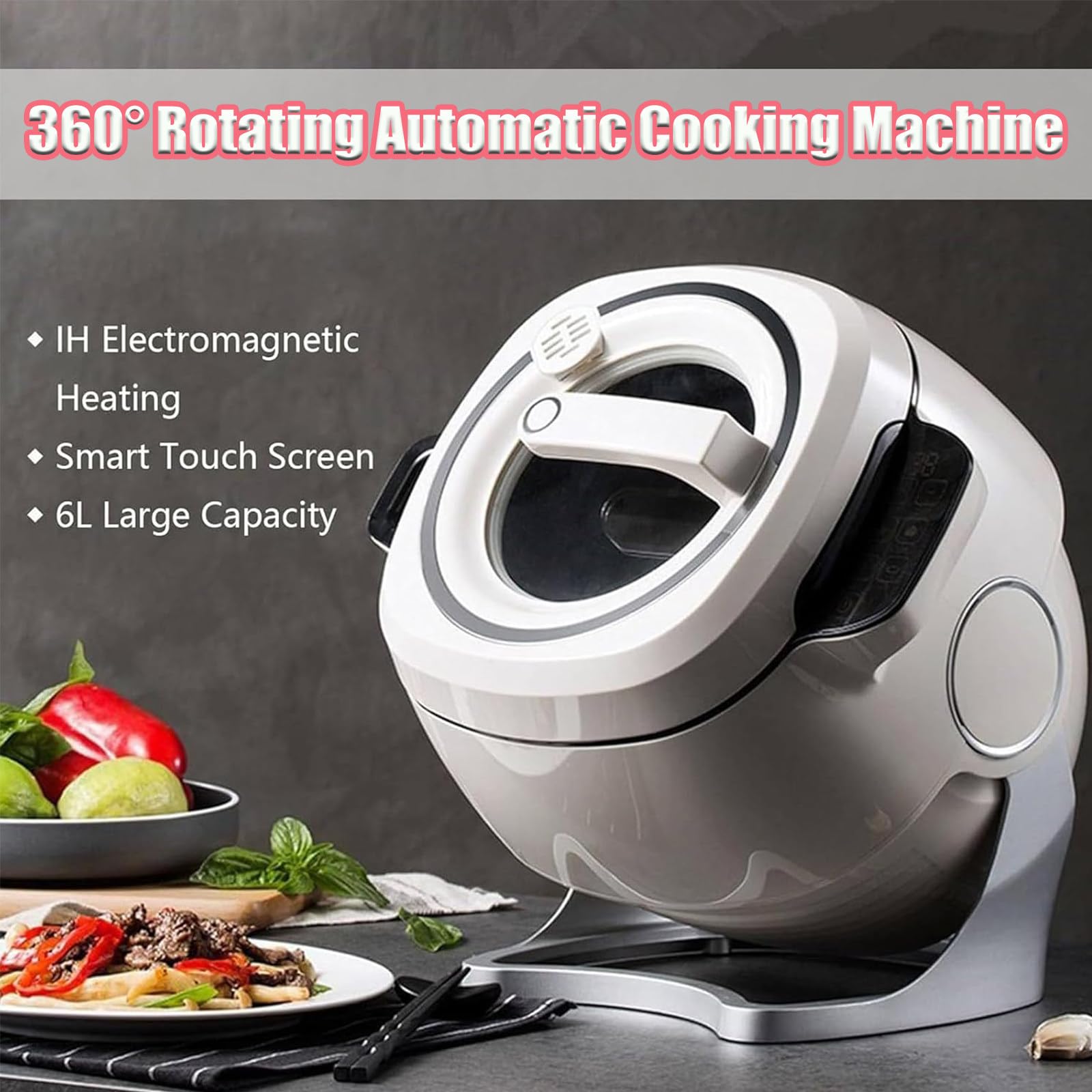 Machine de Cuisson Automatique Intelligente, Machine À Riz Frit Au Wok de Cuisson Automatique 2000 W 6 L, Démarrage Intelligent en Un Clic,Rotation Automatique À 360 °