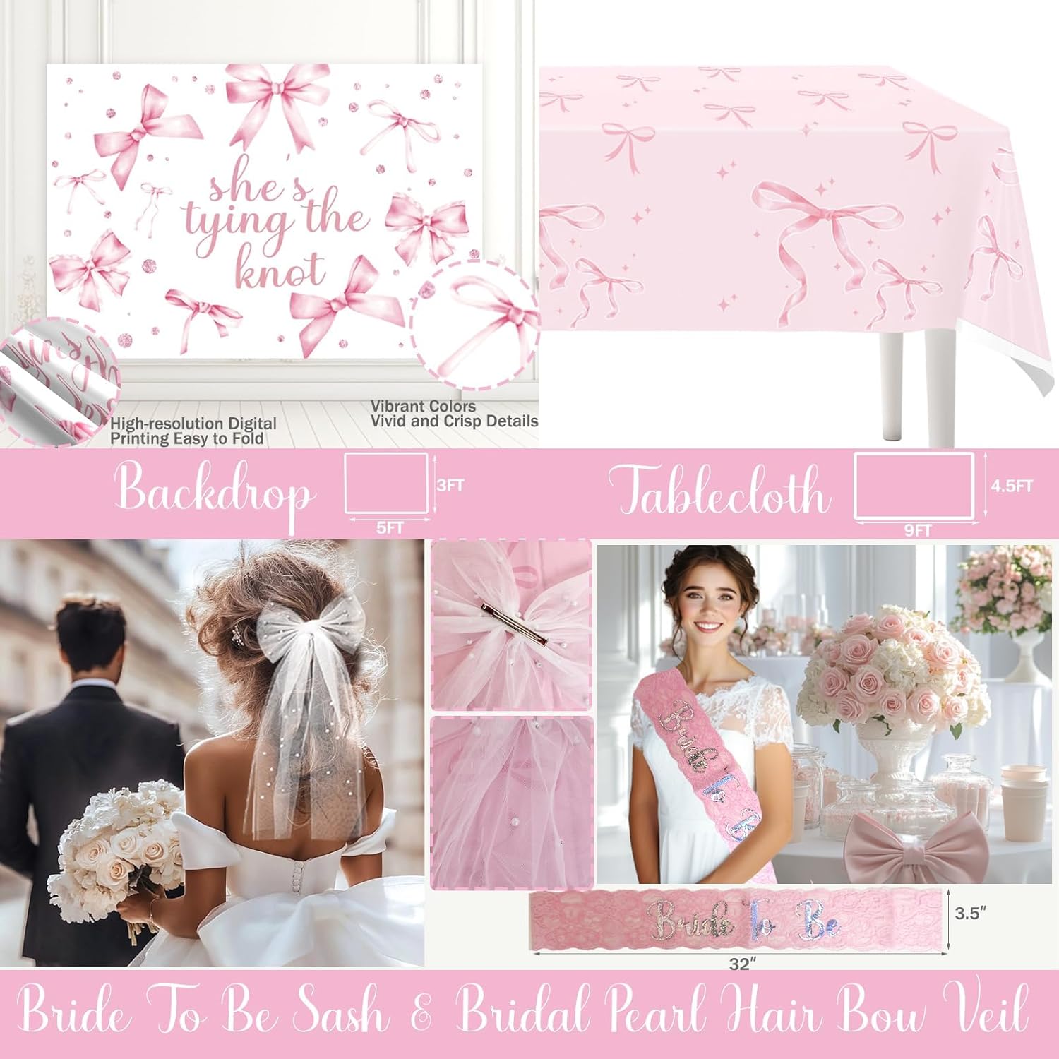 Party Inspo Shes Tying The Knot Bridal Shower Decorations – 108 PCs Pink Bow Party Supplies with Backdrop, Banner, Balloon Garland, Tablecloth, Cake Topper, Sash, Ribbon, Veil