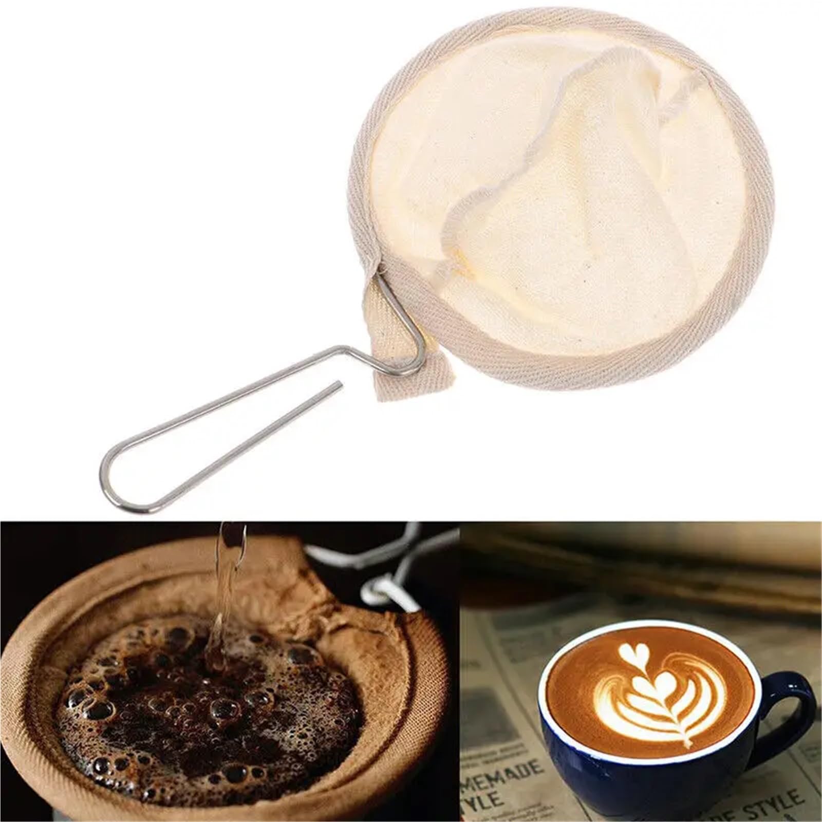 Filtro de café tela 4 PCS Bolsa filtro reutilizable Mango acero inoxidable Colador franela Olla caída Malla Herramientas elaboradas a mano té(Filter -S)