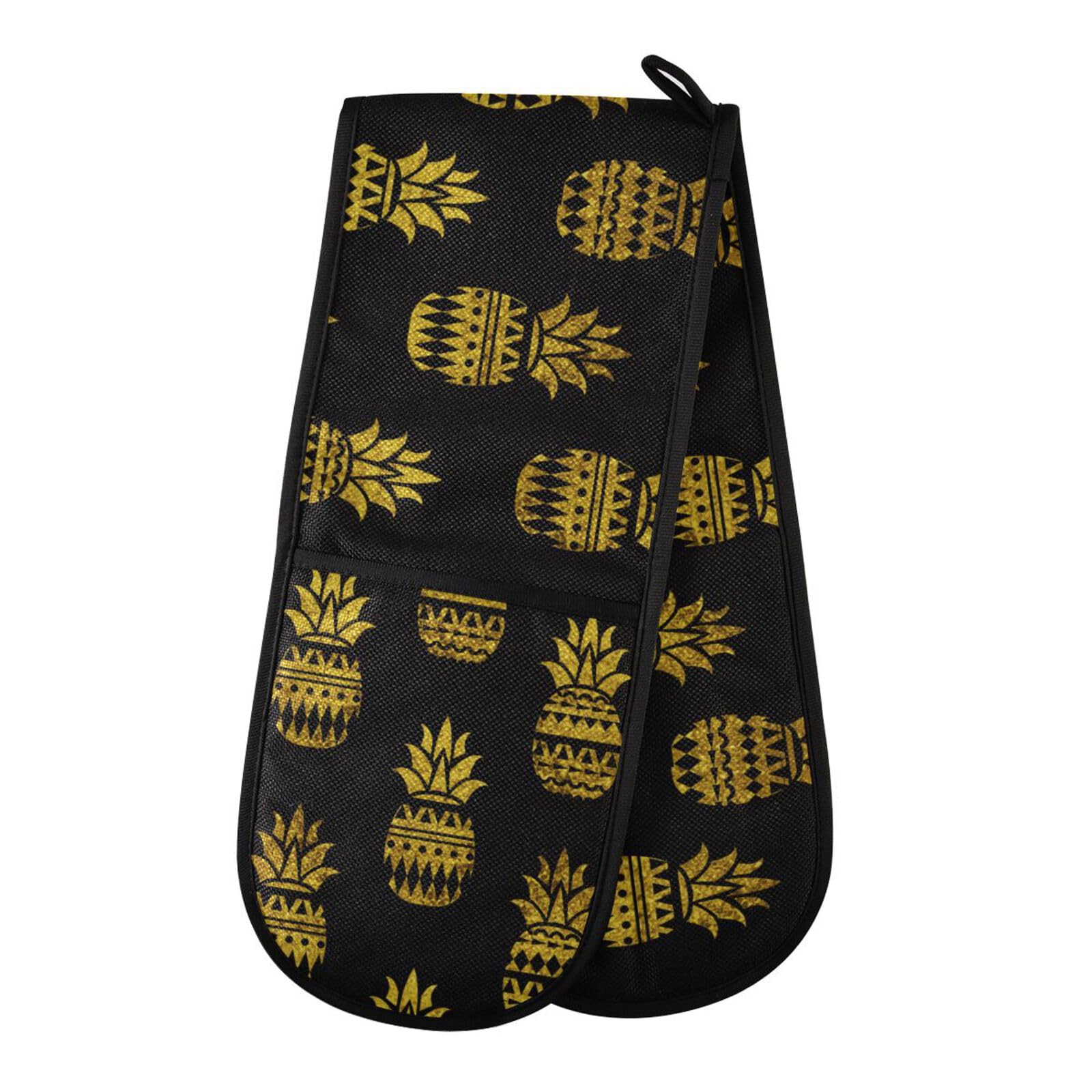 Double Oven Gloves Heat Resistant Gold Pineapple Aztec Double Oven Mitts Pot Holder Heat Protection Oven Gloves for Home Kitchen Baking Cooking BBQ Microwave
