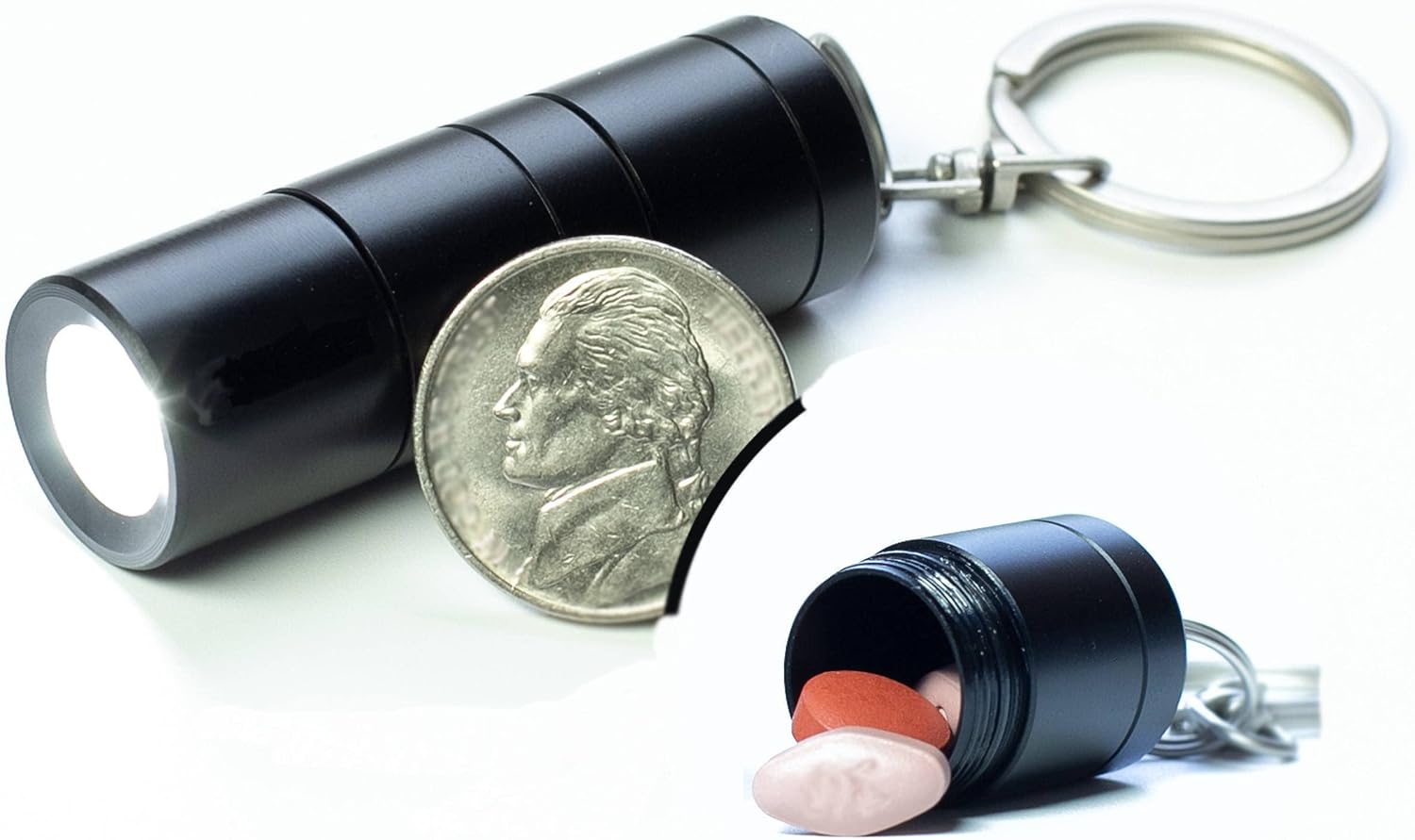 Discreet Pill Holder Keychain Stash Box Disguised as Fully Functional Mini LED Flashlight with Secret Compartment