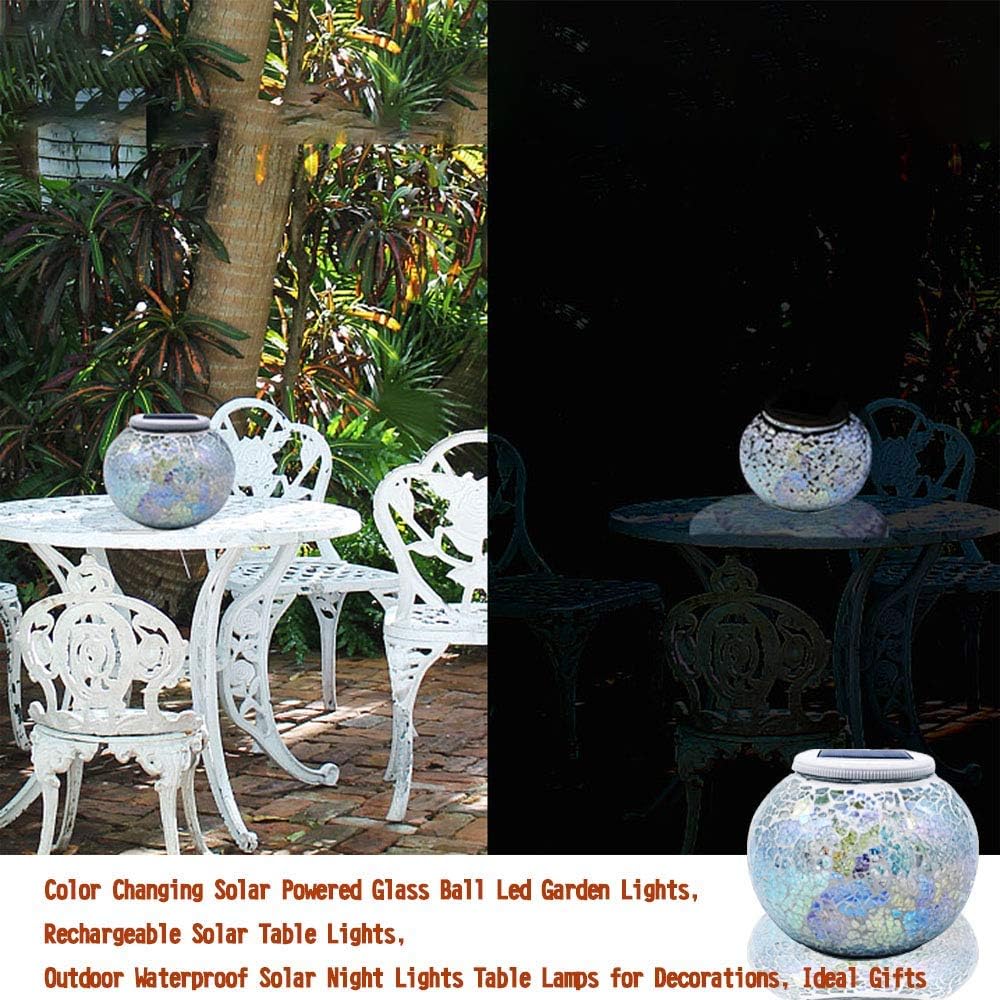 Solar Glass Ball Table Light Color Changing Solar Powered Mosaic Crackle Glass Table Lamps Waterproof LED Night Light for Bedroom Yard Patio Halloween Christmas Decorations (Crackle Glass, White) - - 