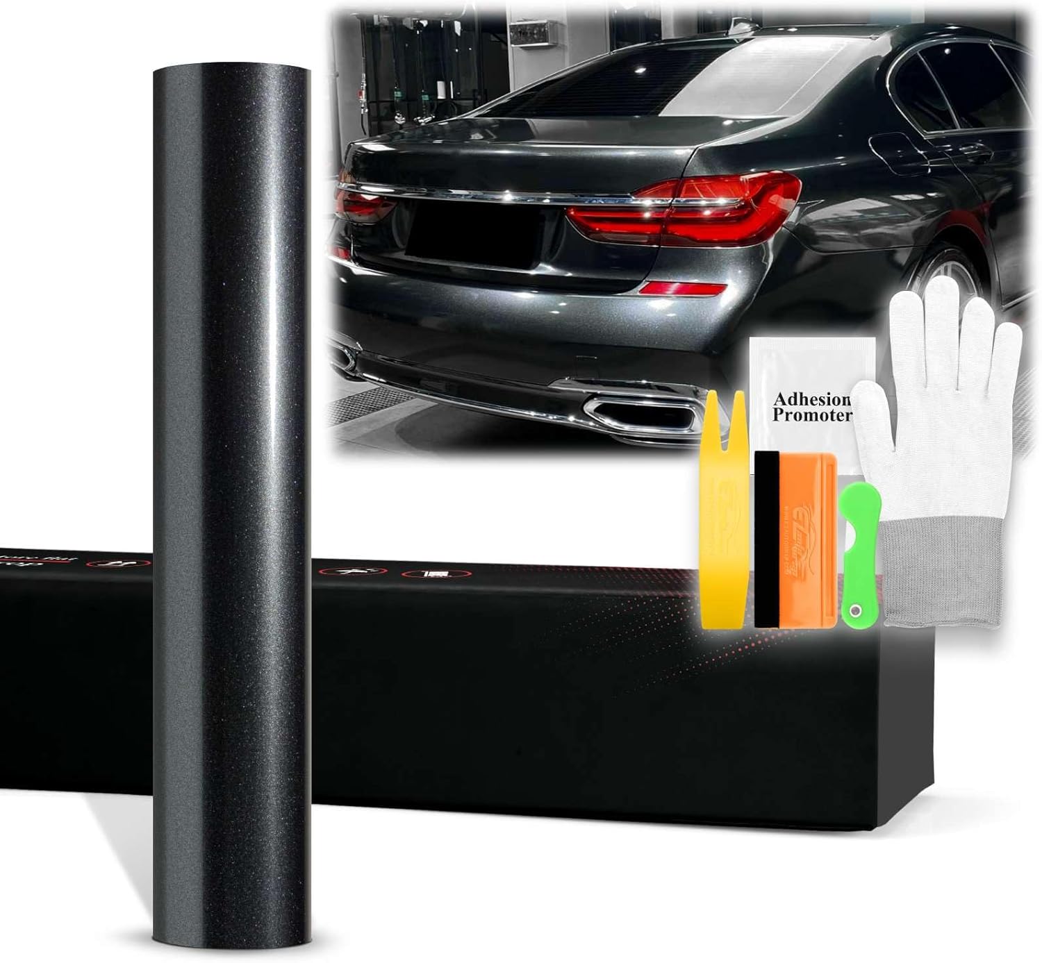 60"x600" (5FTx50FT) Charcoal Gray PET Super Gloss Metallic High Glossy Vinyl Wrap Auto Car Sticker Decal Film Sheet Bubble Free Air Release Technology with Tool Kit