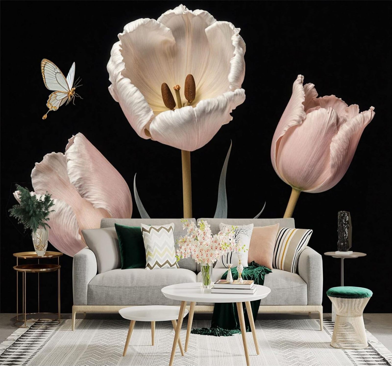 XLMING Elegant Beautiful Pink Tulips Butterflies Black 3D Wallpaper Silky Texture Home Study Office Grey Dining Room Sofa Bedroom Living Room TV Backdrop-350cm×256cm