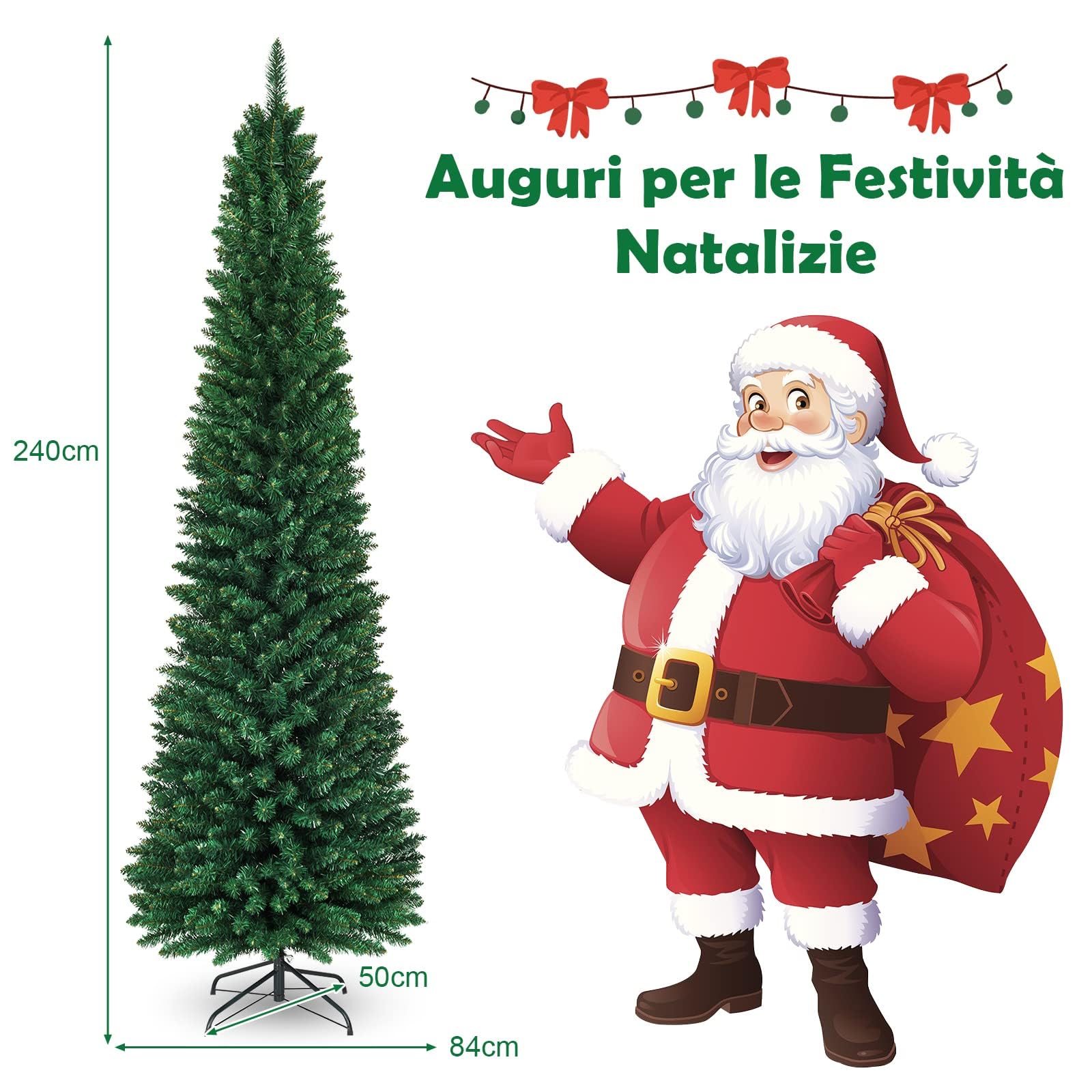RELAX4LIFE Albero di Natale Slim 150/180/210/240 cm, Stretto e Alto, Rami Folti in PVC, Base in Metallo Pieghevole in Ferro,Albero Natale Artificiale Verde (240 cm)