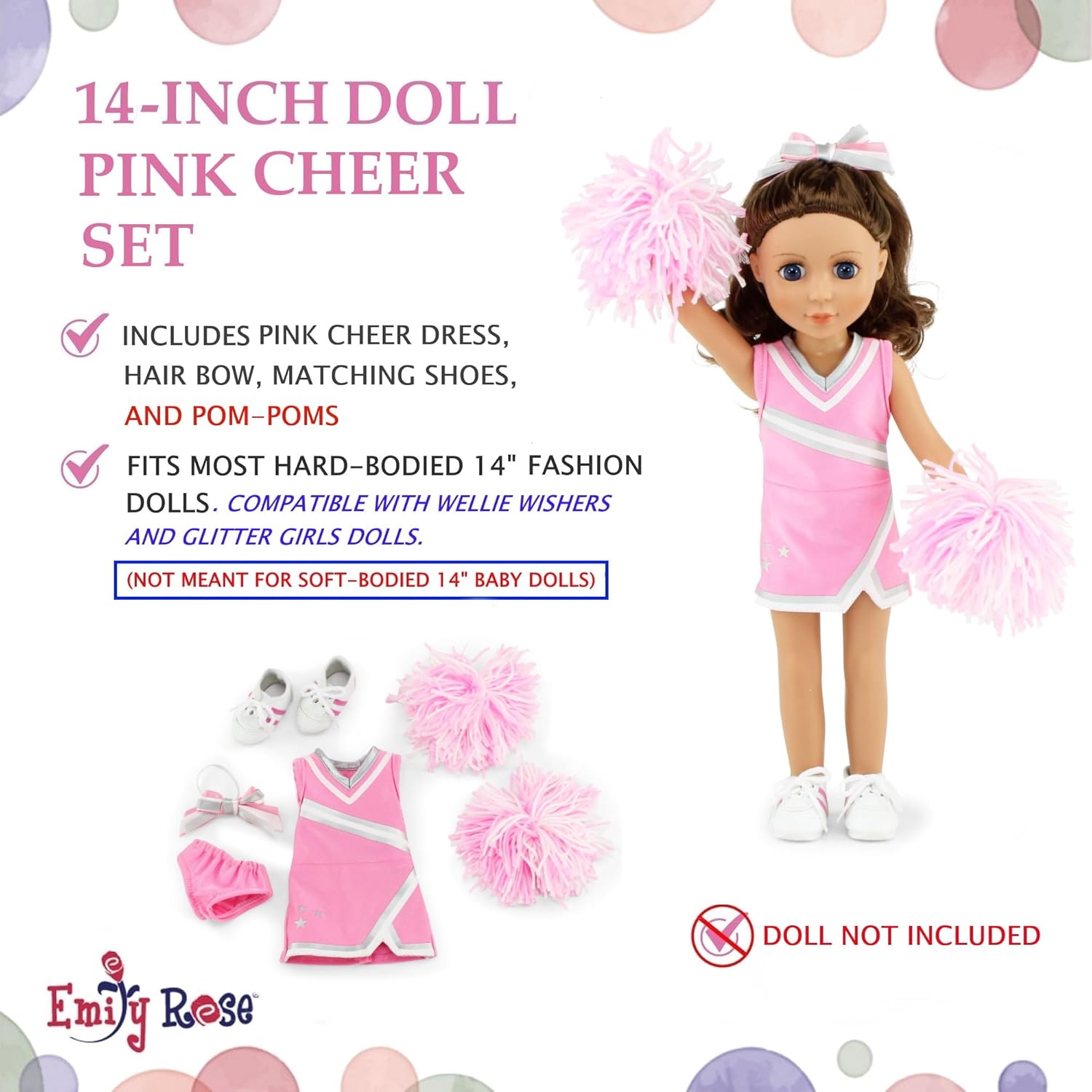 Emily Rose 14 Inch Fashion Doll Clothes 5-PC Pink Cheer Cheerleader Outfit, Includes Pom-poms, Bloomers, Hair Tie and Shoes | Halloween Costume for 14" Wellie Wisher Dolls | Doll NOT Included