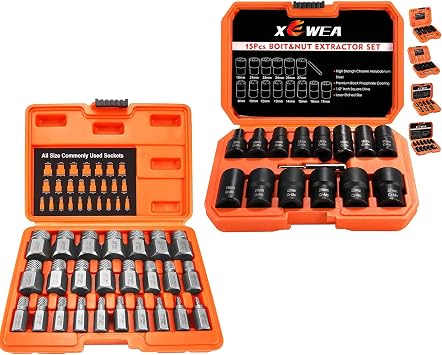 XEWEA 25Pcs Screw Extractor Set and 15PCS Bolt Nut Remover Set, Metric Easy Out Set for Damaged, Frozen, Rusted, Rounded-Off Bolts Nuts & Screws