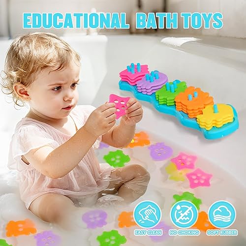 Miniatura 2 de Juguetes de baño para niños de 1 a 3 años, juguetes de baño para clasificar y apilar sin moho con 20 piezas flotantes de goma suave vibrante,