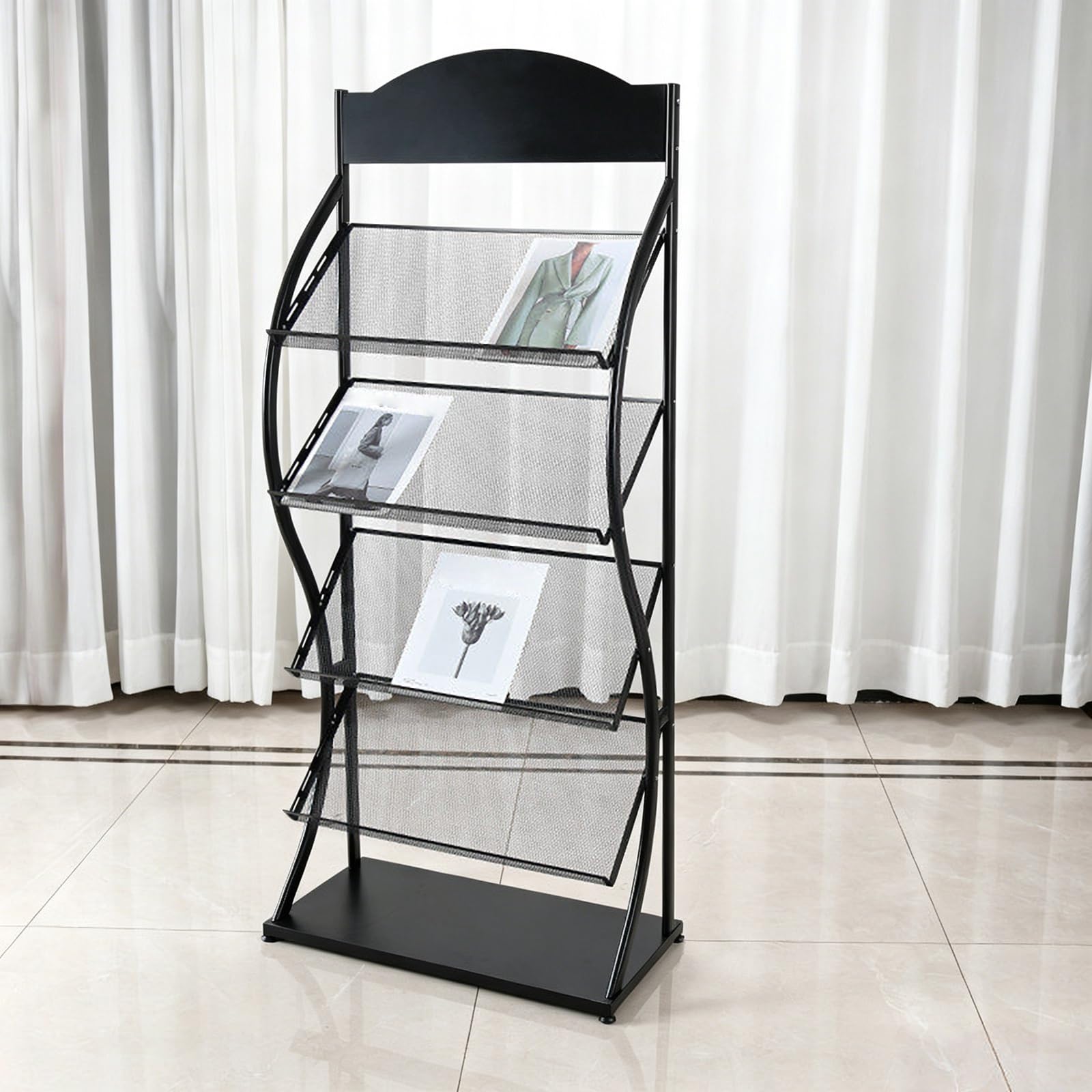 CJWKXQOL Floor Standing Metal Magazine Display Rack, Brochure Holder with Top Billboard, Literature Organizer for Office、Home Lobby、Exhibition、Reception(Black)