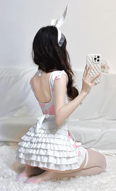 ABAFIP Women's Cute Cosplay Outfits Kawaii Anime Role Play Cow Kitten Ear Headband Stockings Ruffle Mini Dress set