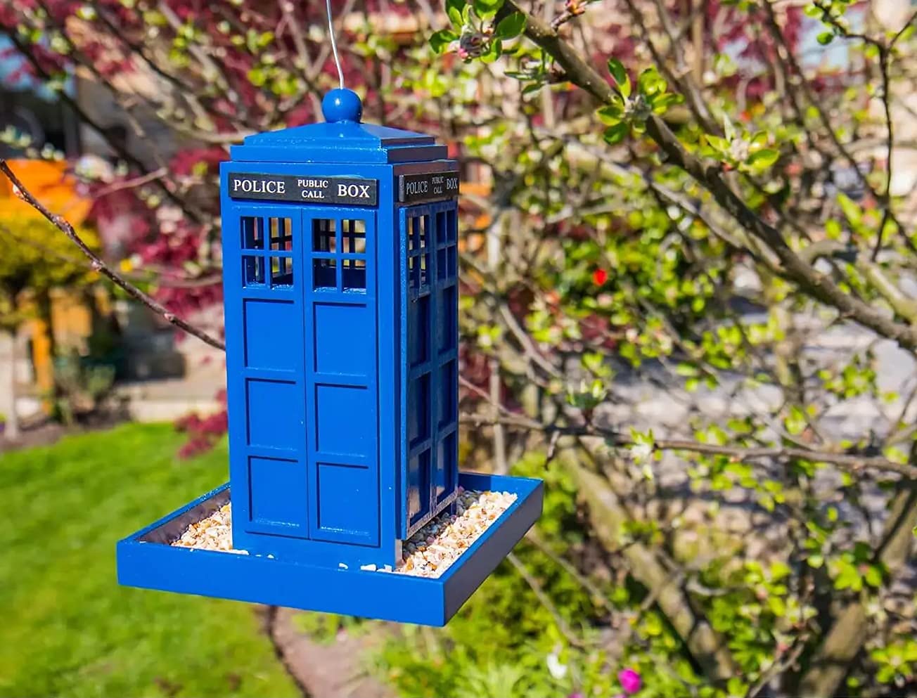 Unibos Bird Feeder House Traditional Novelty Police Phone Box Wooden Garden Hanging Bird Feeder Outdoor Wild Bird Feeders