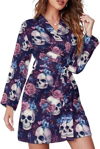 Pink Blue Rose Skull Print Short Robes for Women, Belted Bathrobe Nightgown Sleepwear Loungewear Dressing Gown