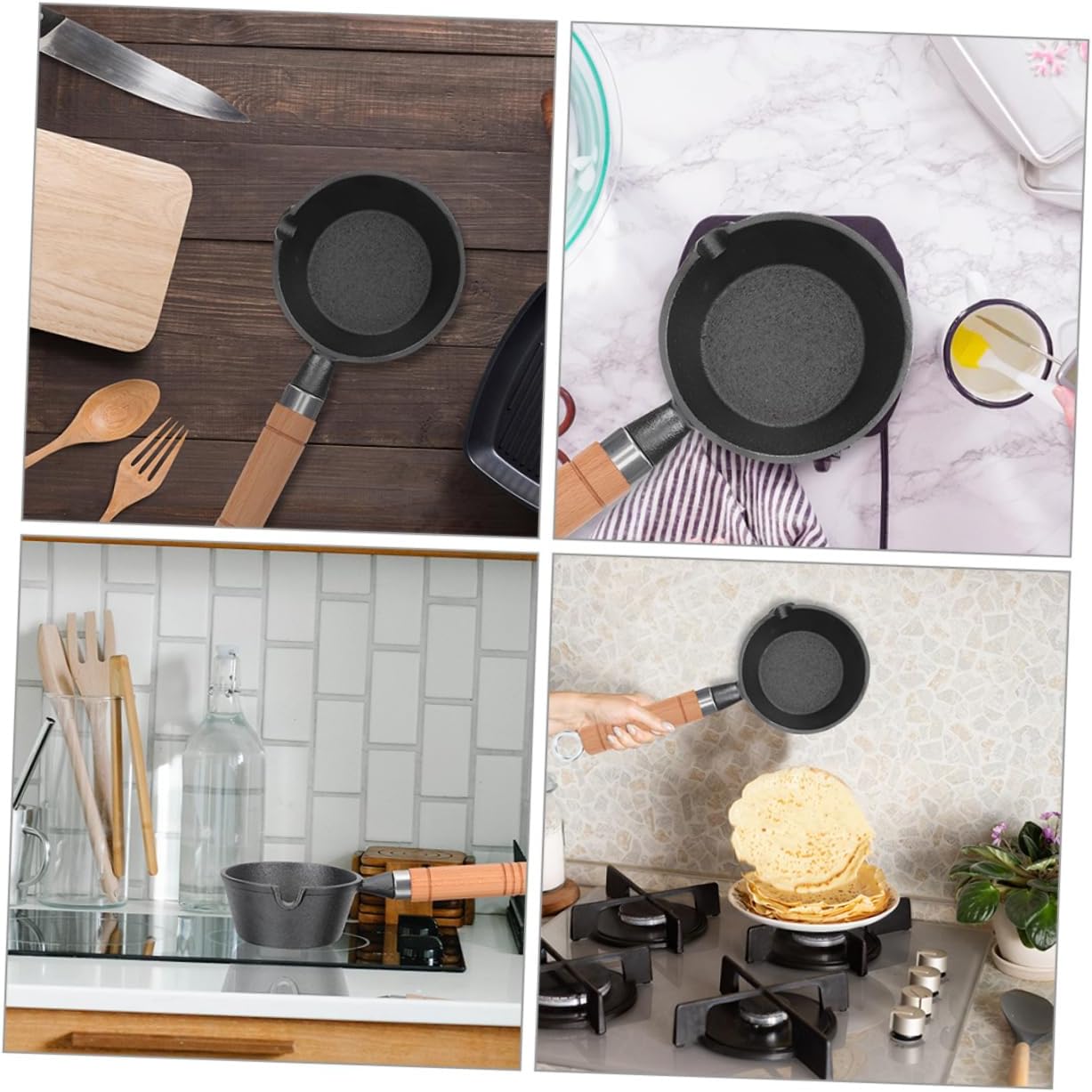 LIFKOME 2pcs Mini Wok Iron Small Pot for Cooking Cookware Spout Oil Heating Pot Kitchen Saucepan Lid
