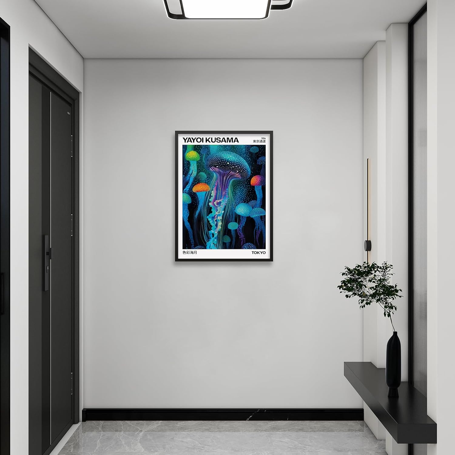 Colorful Ocean Jellyfish Wall Art Unique Japanese Animal Posters Yayoi Kusama Canvas Prints 16X24 inch Black Framed for Living Room Bedroom Wall Decor