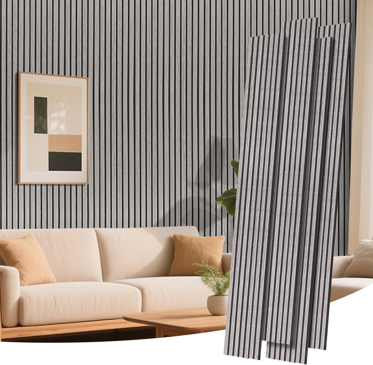 Paneles de madera RITOLLO para pared, paneles acústicos de pared 92.5 x 11 pulgadas, paquete de 4, paneles de lamas 3D para absorción de sonido, decoración interior para oficina y estudio (Gris) miniatura 1