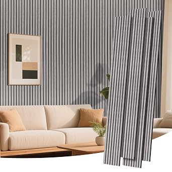 RITOLLO Wood Panels for Wall, Acoustic Wall Panels 92.5 x 11 in, 4 Pack, 3D Wood Slat Sound Absorbing Panels for Interior Wall Decor, Home Office Studio Grey