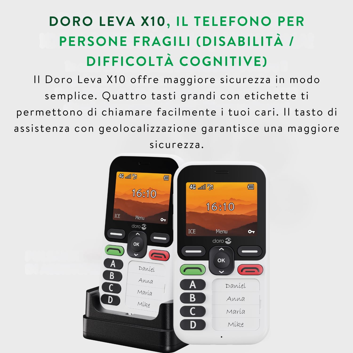 Doro Leva X10 Cellulare per Anziani 4G Semplice, 4 Numeri Preimpostati, Tasto SOS con GPS, Solo Chiamate e SMS, Bianco