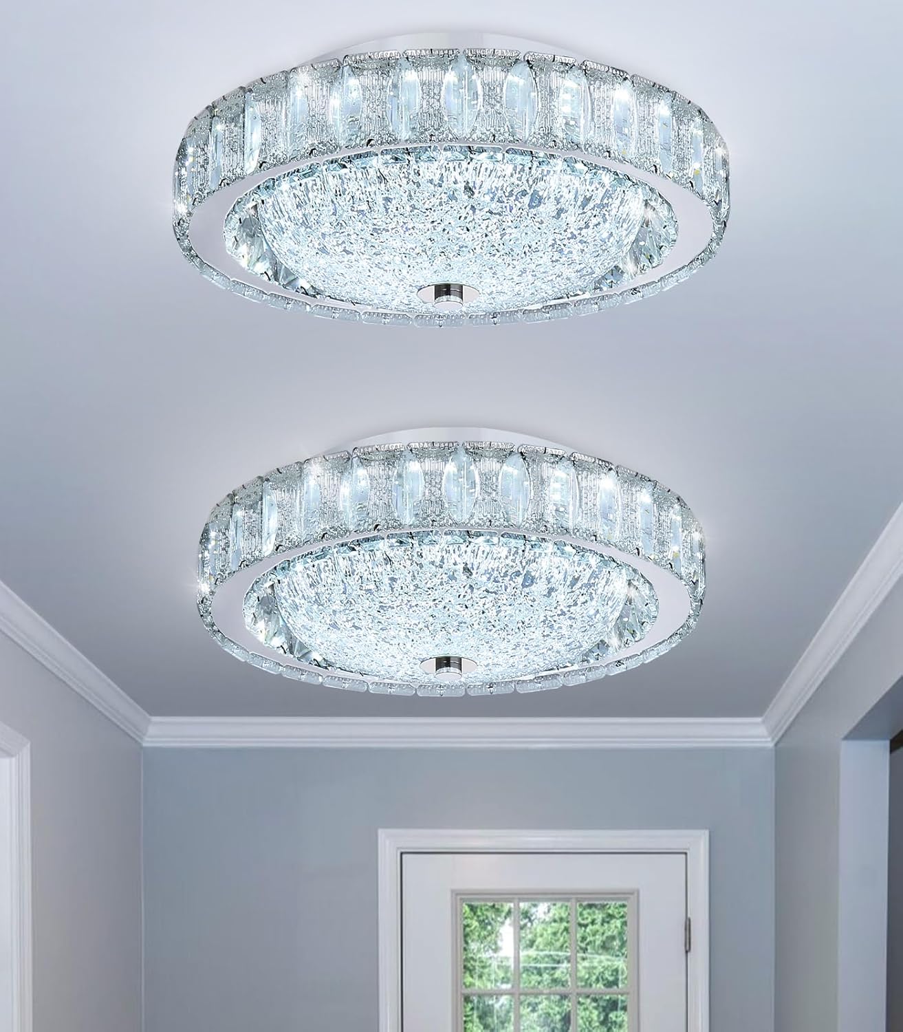 11.8" Modern Mini Crystal Chandelier Dimmable LED Flush Mount Ceiling Light with Remote Control for Bedroom Hallway Dining Room Silver