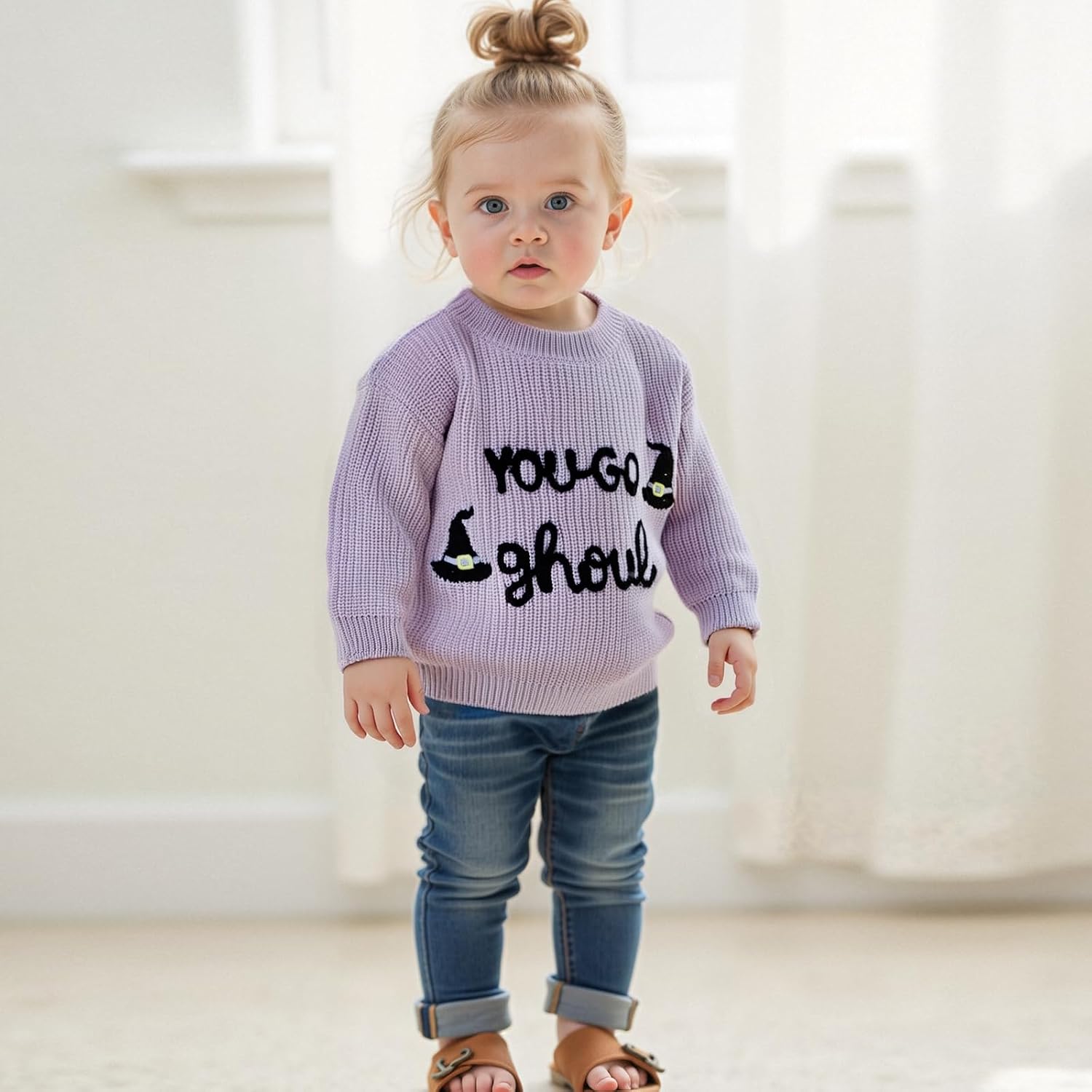 Baby Girls Halloween Knit Sweater Long Sleeve Letter Embroidery Pullover