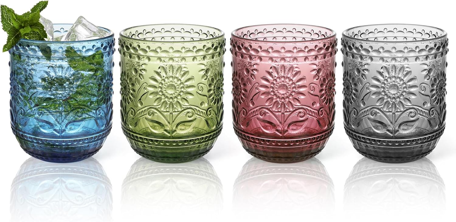 ALIMOTA Vintage Drinking Glasses Set of 4, 12oz Tumbler Glasses - Decorative Floral Embossed Water Glasses - Heavy Duty Glassware Beverages Tumblers for Whisky, Beer, Juice, Wine, Multi-Colour
