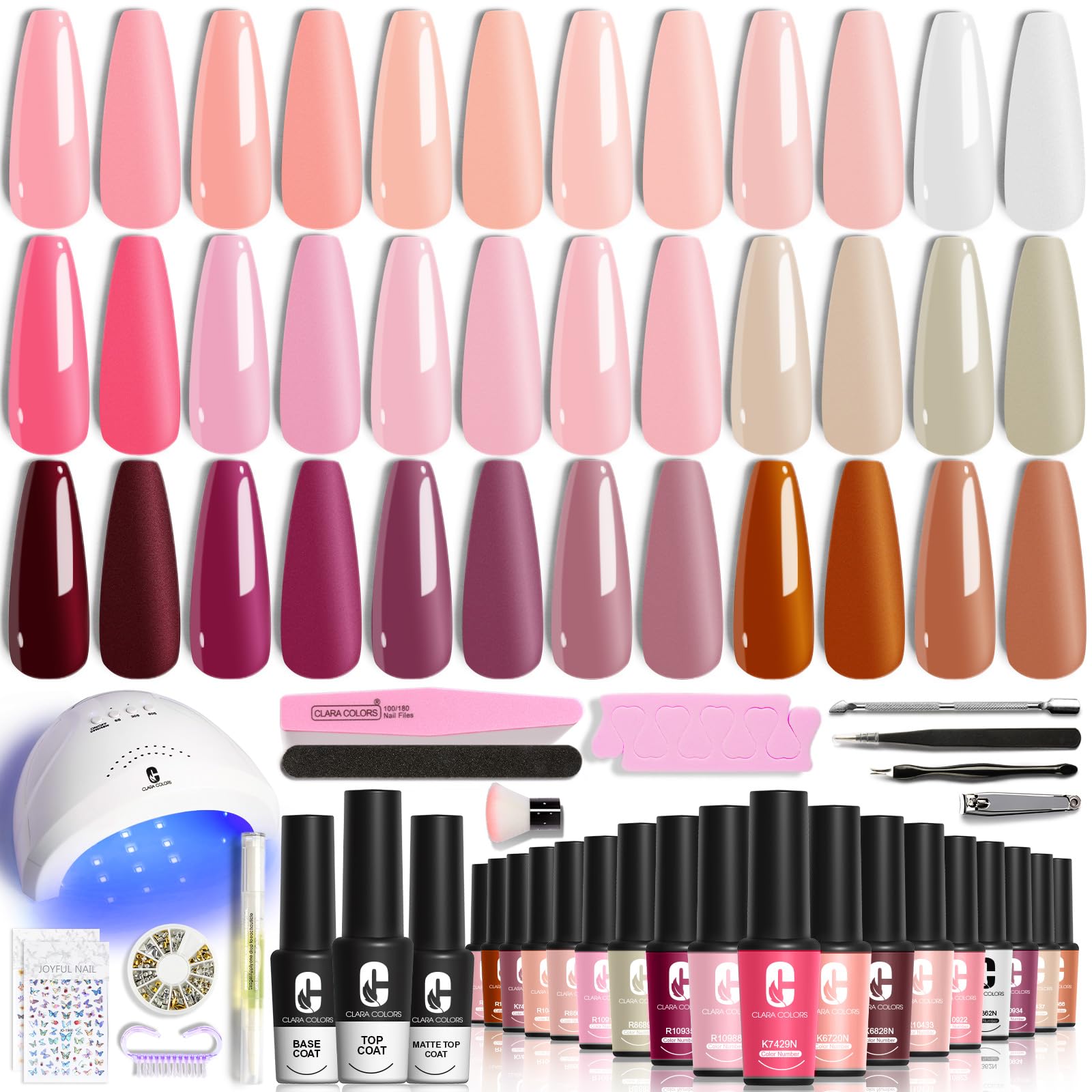 Clara Colors Nude Pink Brown Cherry UV Gel Nail Polish Set - 18 Colors, Base Top Coat, UV Light Set Kit, Soak off Gel Polish Nail Art