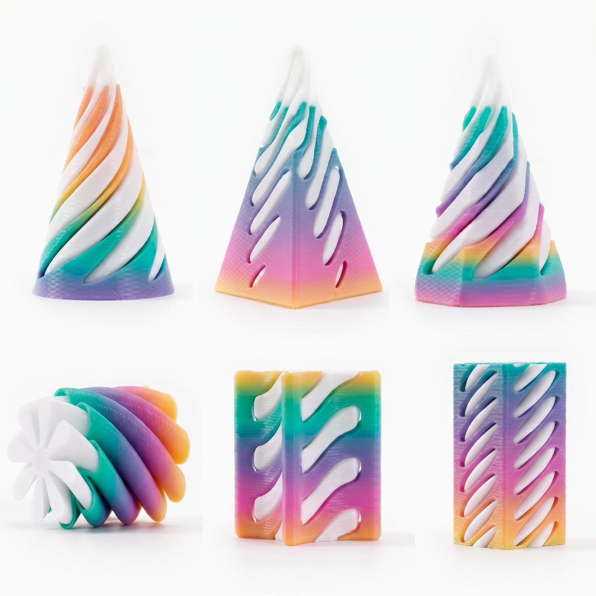 PLUSHCEWT 6 Pcs 3D Printed Fidgets,3D Printed Pyramid Spiral Cone Rainbow Fidget Set,Impossible Cone Fidge for Focus,Stress Relief for Anxiety & Desktop Decoration Suitablel for Hands-On Engagement