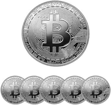 6PCS Gold Plated Bitcoin Coins Physical BTC Cryptocurrency Collectible, 40mm Commemorative Souvenir Coins with Clear Protective Case, Gifts for Crypto Enthusiasts & Coin Collectors Silver