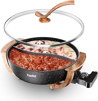 Multi-Temp Electric Hot Pot with Dual Dividers, 1100W Fast Heat & Auto Safety Shut-Off, 6L Family-Size Non-Stick Pot for 4-12 People Wraparound Wood-grain Handles