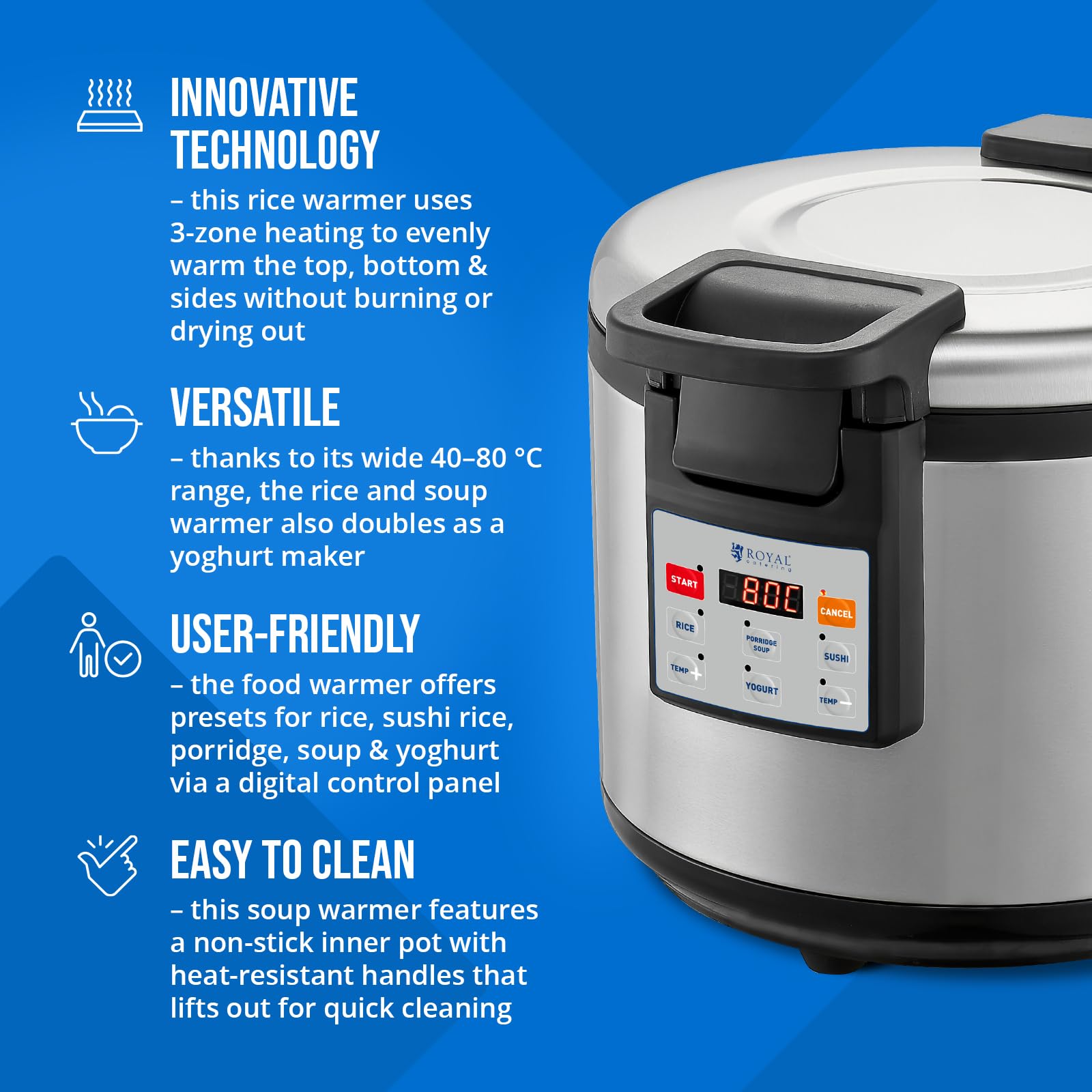 Royal Catering Reiswärmer 26 l 110 W 3 Heizzonen digitale Bedienung antihaftbeschichteter Gartopf inkl. Reislöffel Joghurtbereiter Suppenwärmer Speisenwärmer