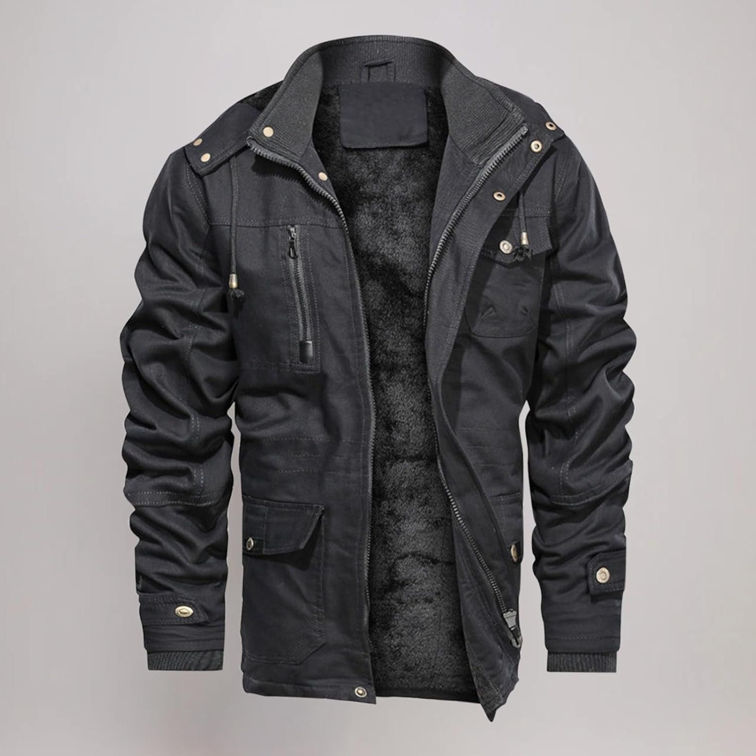 Akklian Men's Fleece Lining Thicken Winter Jackets with Hood - Cotton Cargo Military Jackets Work Jackets with Multipockets