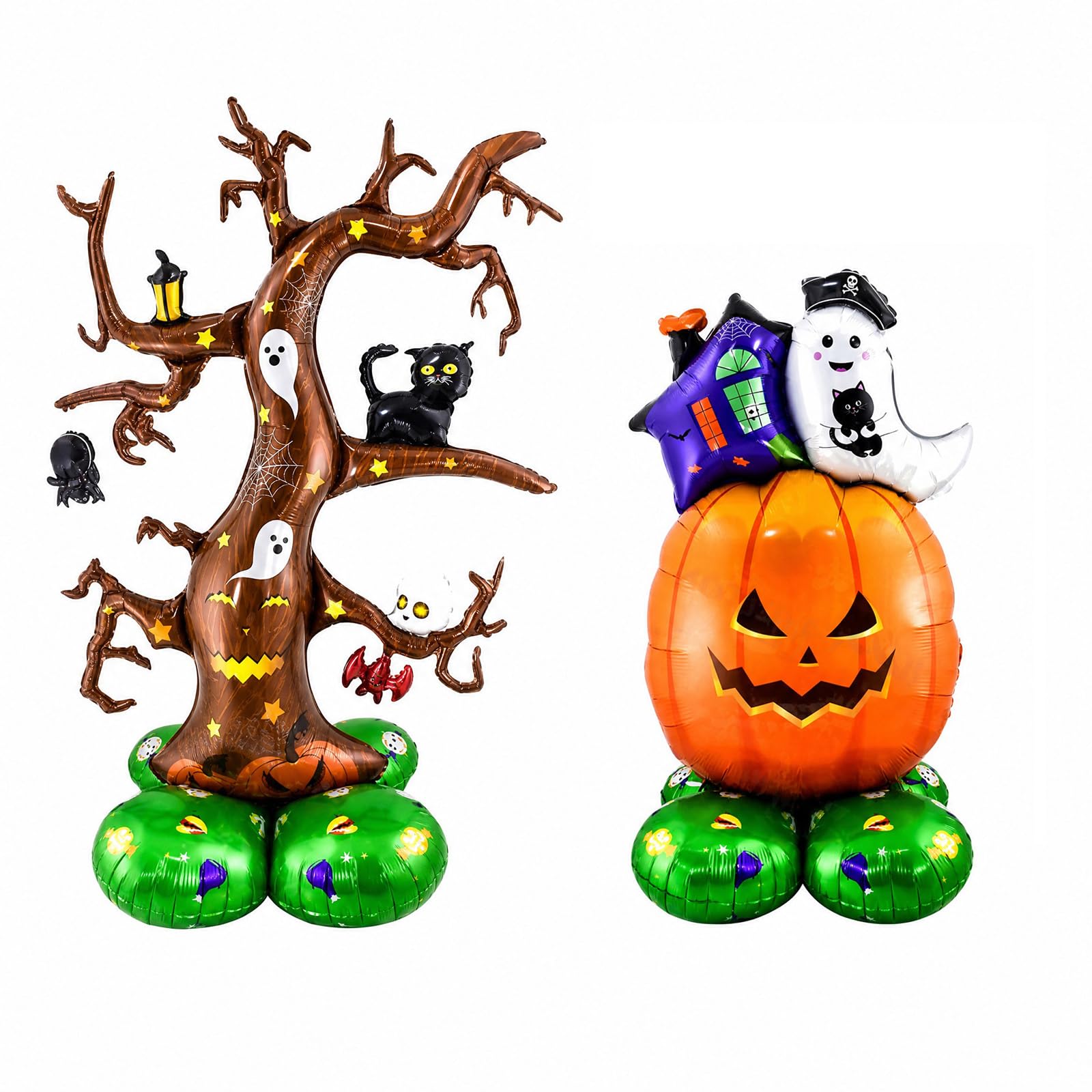 2 Pcs Halloween Foil Balloons Set, 111cm Pumpkin Ghost & 126cm Tree