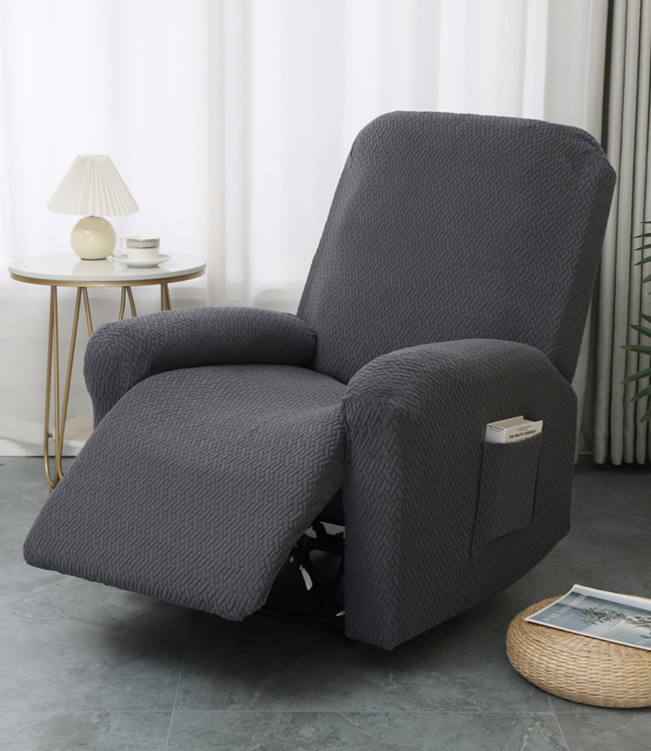 Funda Sillon Relax Reclinable, Jacquard Gris Oscuro Funda Sillon Relax 1 Plaza, Elástica 4 Piezas Funda para Sofá Reclinable con Bolsillos Laterales Extraíble