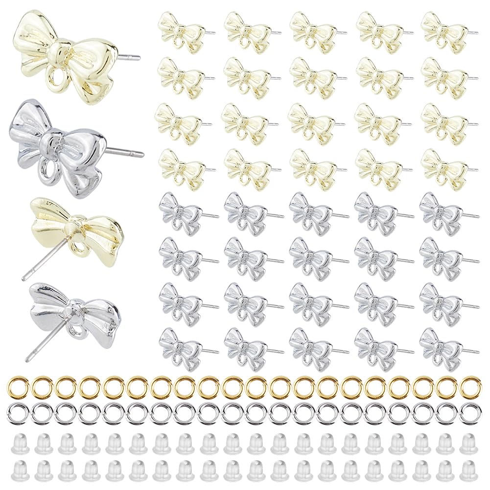 TNKBREEZE 48 pezzi, orecchini a perno in platino, oro chiaro, con fiocco in argento Sterling 925, perni e occhielli per la creazione di gioielli, orecchini pendenti